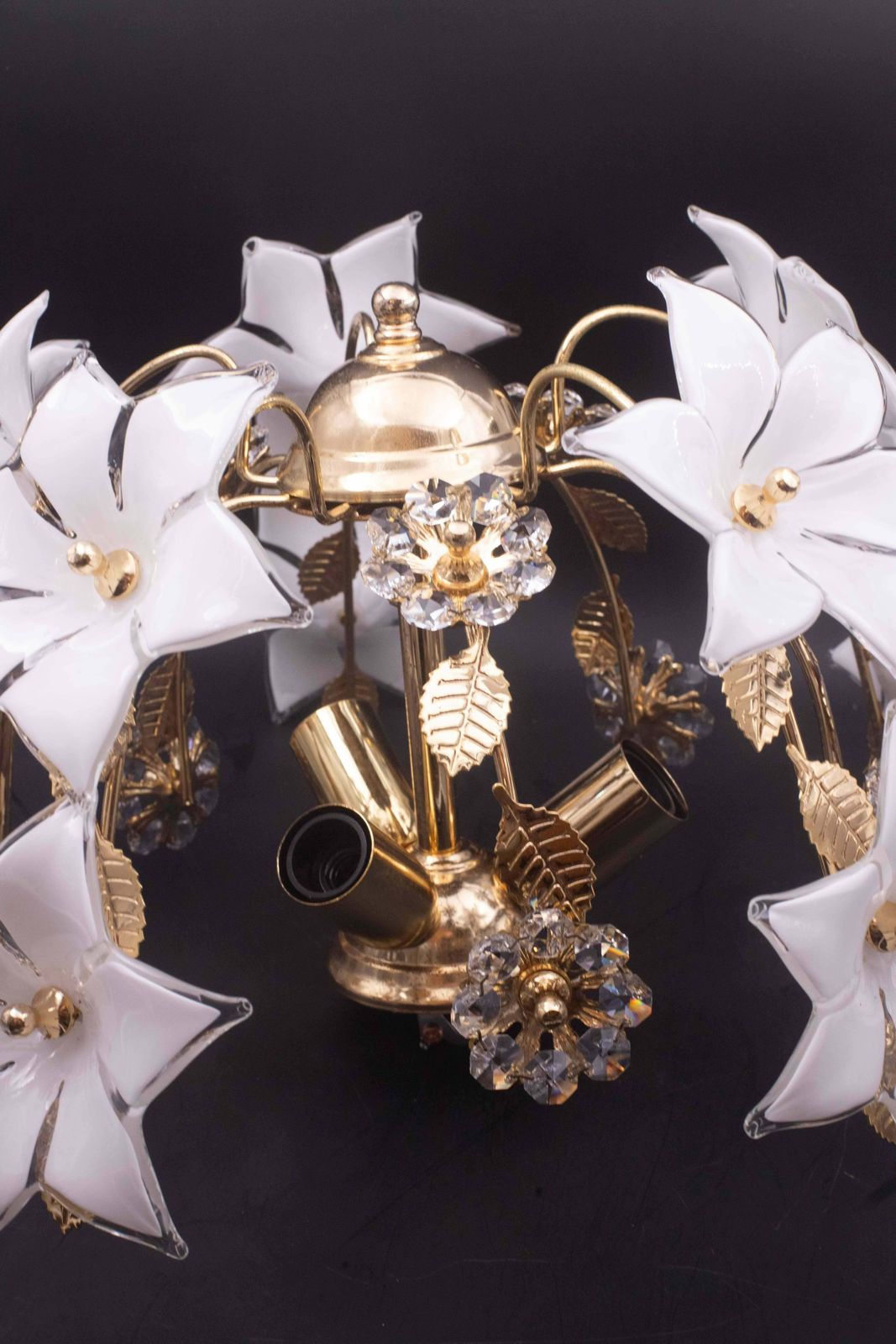 photo for sale Charming Murano And Crystal Glass Vintage Ceiling Light White Flowers, 1970s