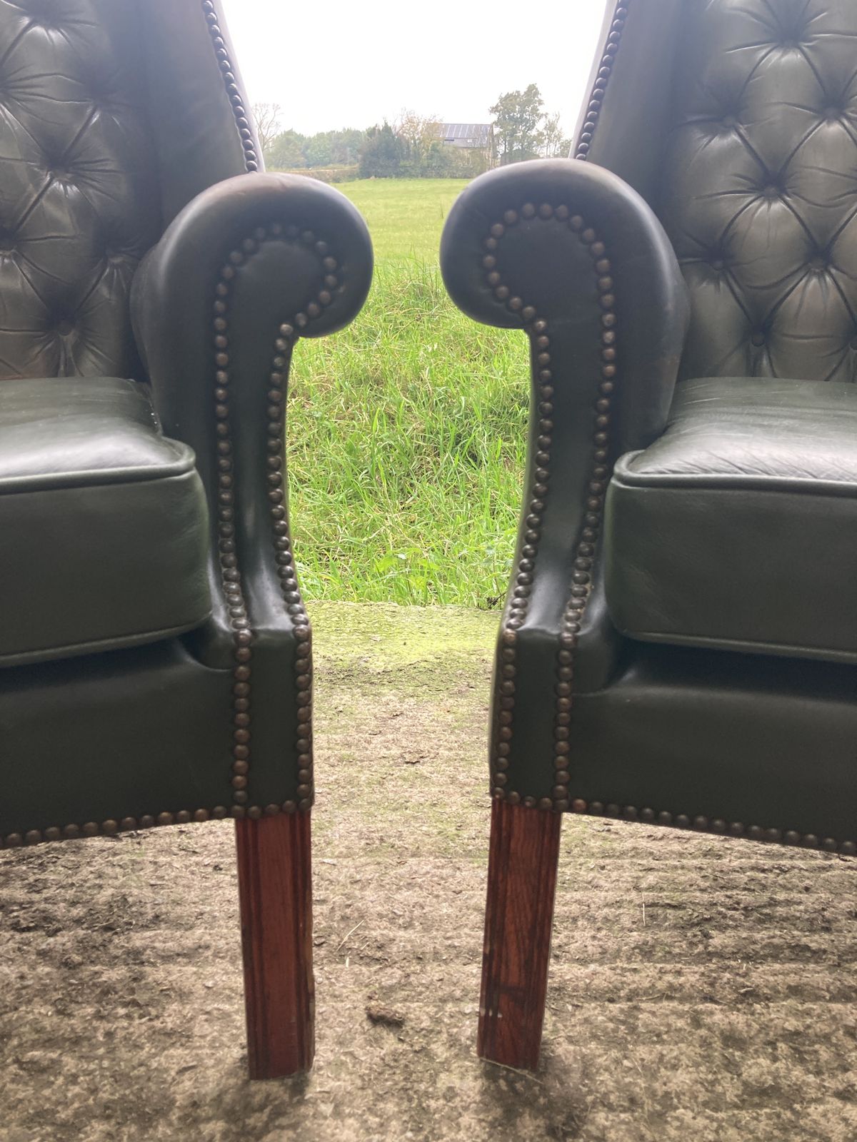 Pair Of Chesterfield Leather Wingback, Queen Anne Style Lounge Chairs photo for sale