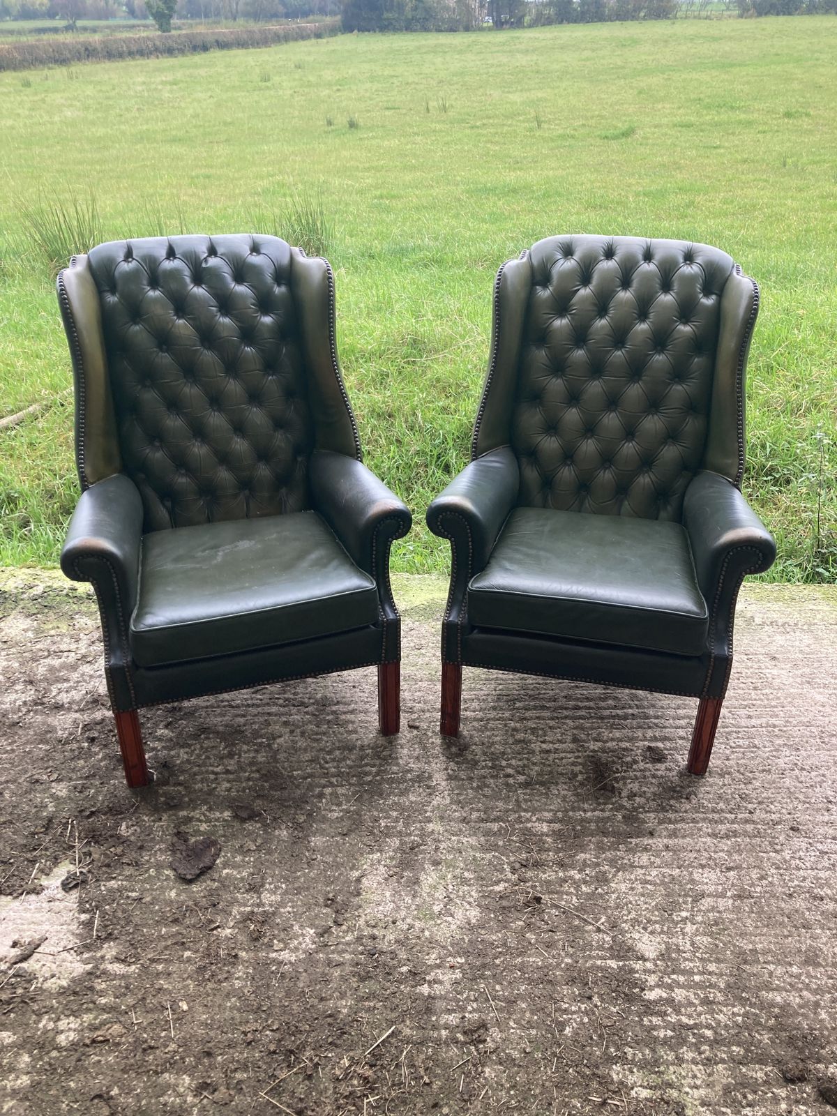 Pair Of Chesterfield Leather Wingback, Queen Anne Style Lounge Chairs photo 795.0