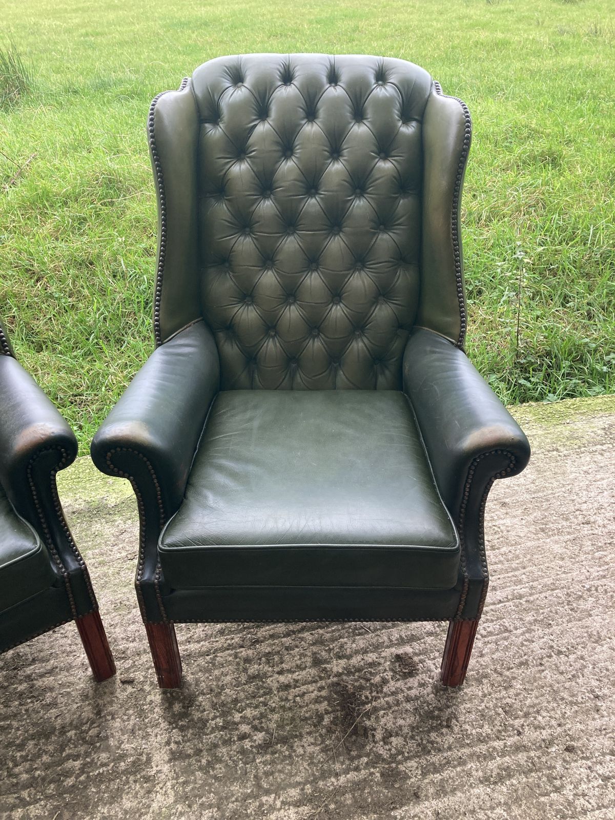 photo furniture Pair Of Chesterfield Leather Wingback, Queen Anne Style Lounge Chairs
