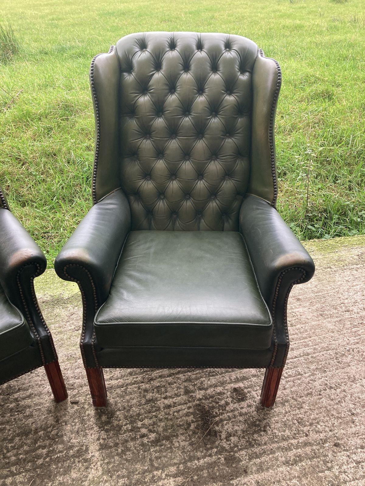 Furniture Pair Of Chesterfield Leather Wingback, Queen Anne Style Lounge Chairs photo