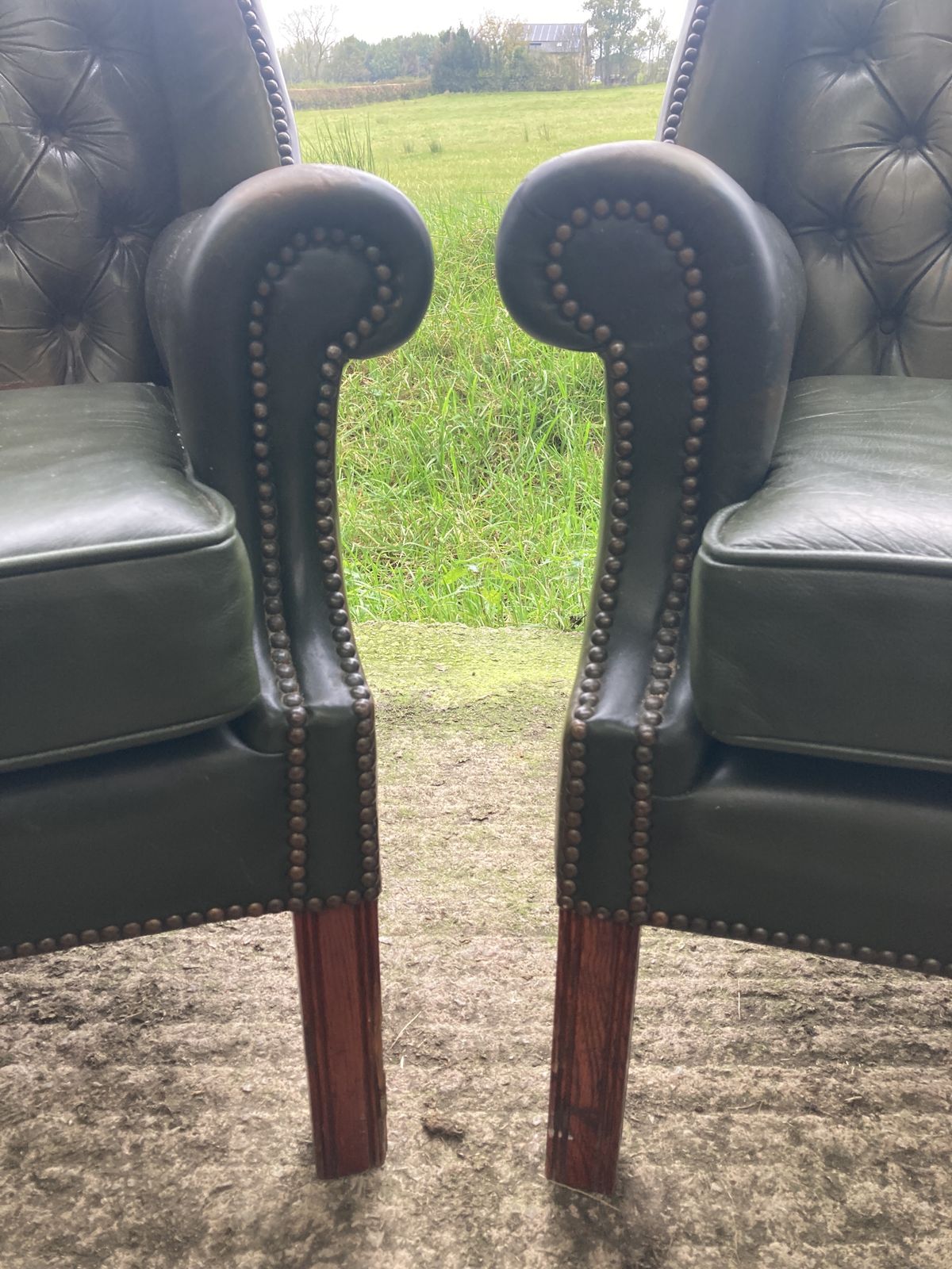 photo vinterior Pair Of Chesterfield Leather Wingback, Queen Anne Style Lounge Chairs
