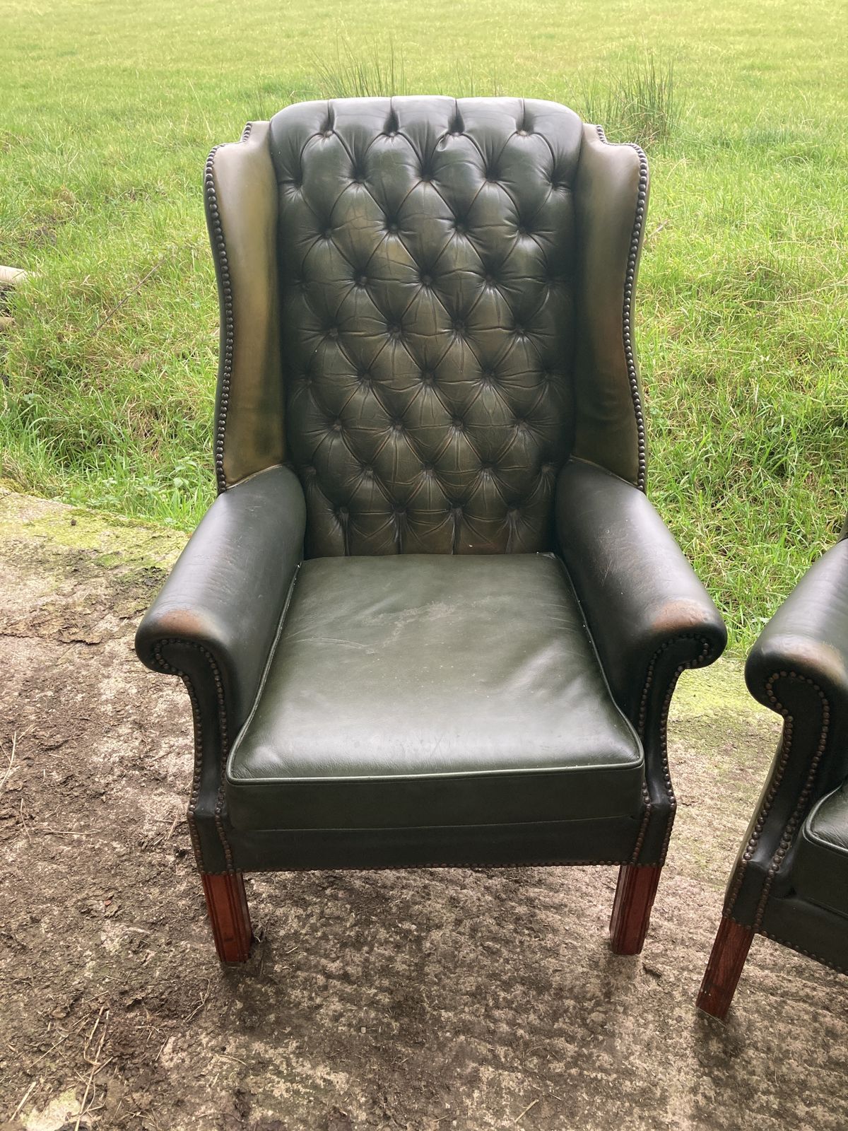 photo buy Pair Of Chesterfield Leather Wingback, Queen Anne Style Lounge Chairs