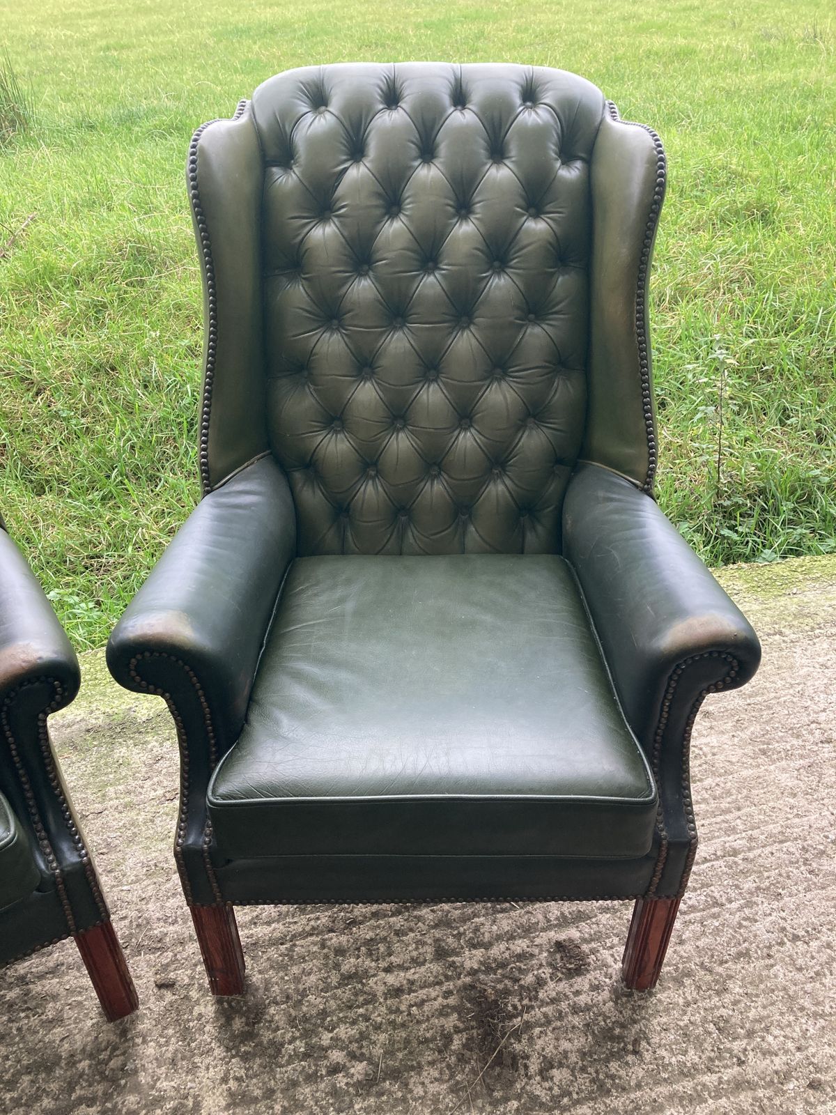 photo vintage Pair Of Chesterfield Leather Wingback, Queen Anne Style Lounge Chairs