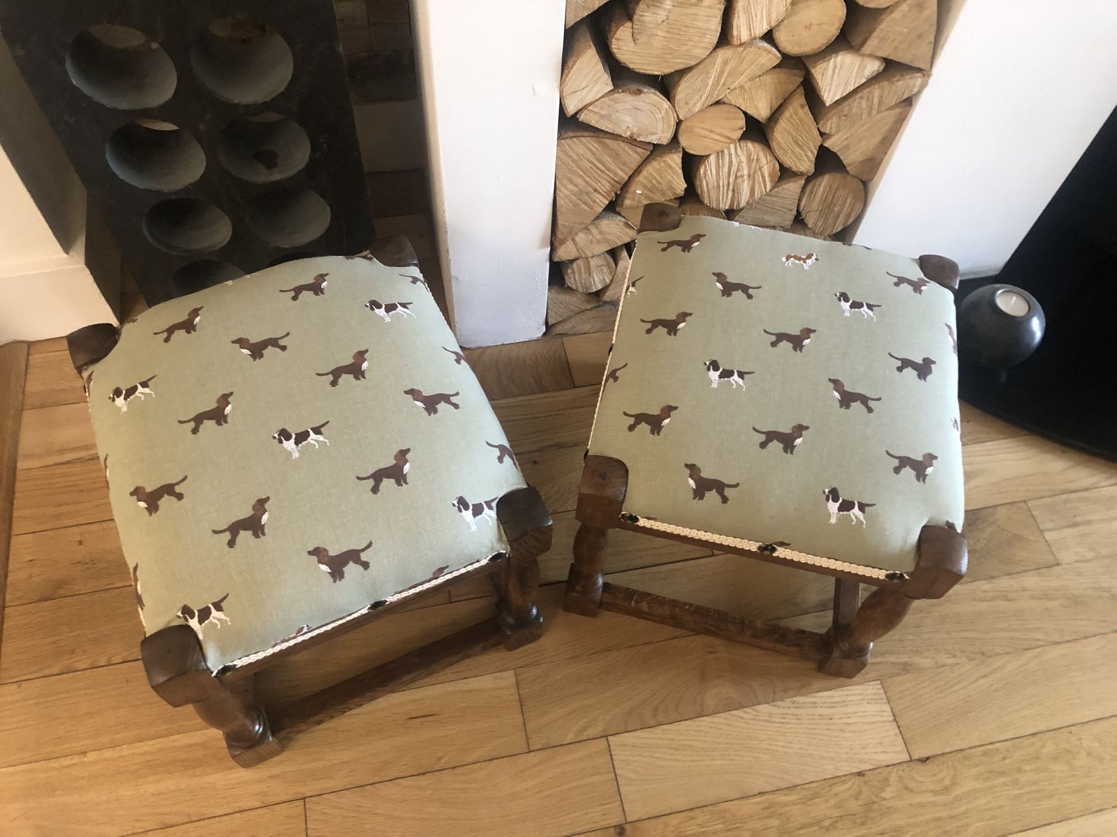 Beautifully Renovated Matching Pair Oak Footstools Sophie Allport Spaniels photo for sale