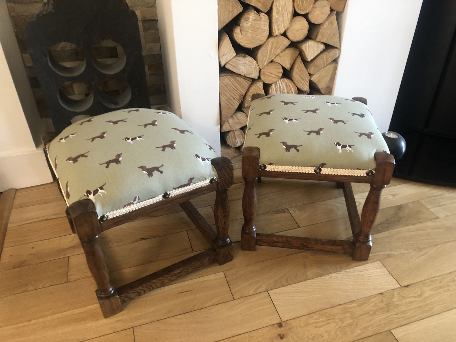 Beautifully Renovated Matching Pair Oak Footstools Sophie Allport Spaniels photo 165.0