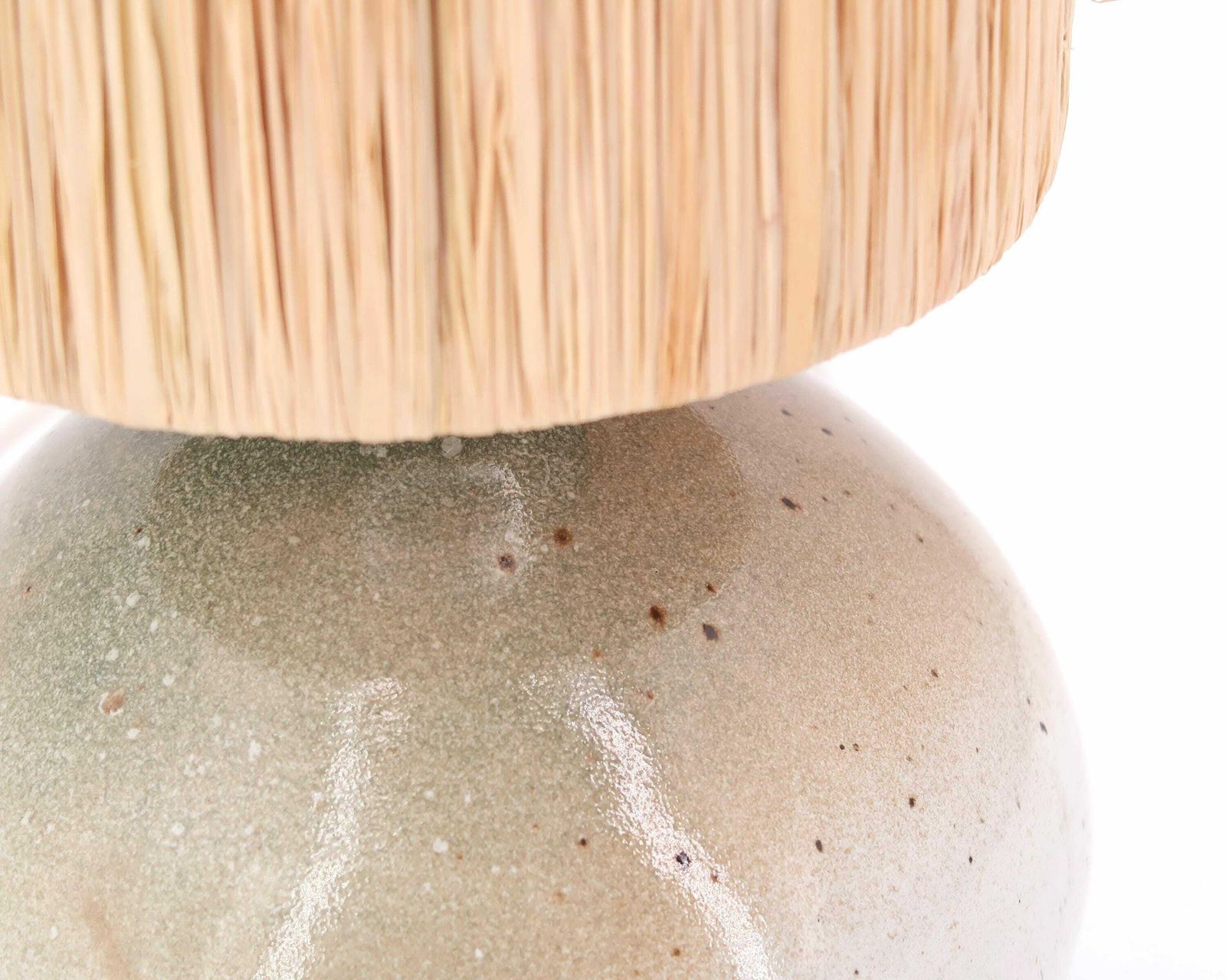 French Potter Ceramic Table Lamp, Raffia Lampshade, 1970s / Stoneware, Vintage, Beige, Pale Green, Grey, Boho Chic, Lighting photo vinterior