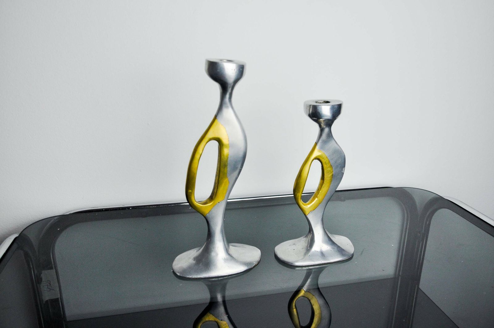 Pair Of Brutalist Candlesticks By Léopold, Bronze And Aluminum, Spain, 1970 photo 918.0