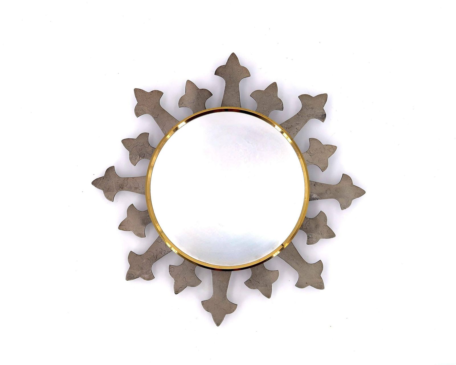 French Circle Sunburst Metal Mirror, 1950s / Wall Sun, Lily Flower, Mid Century Modern