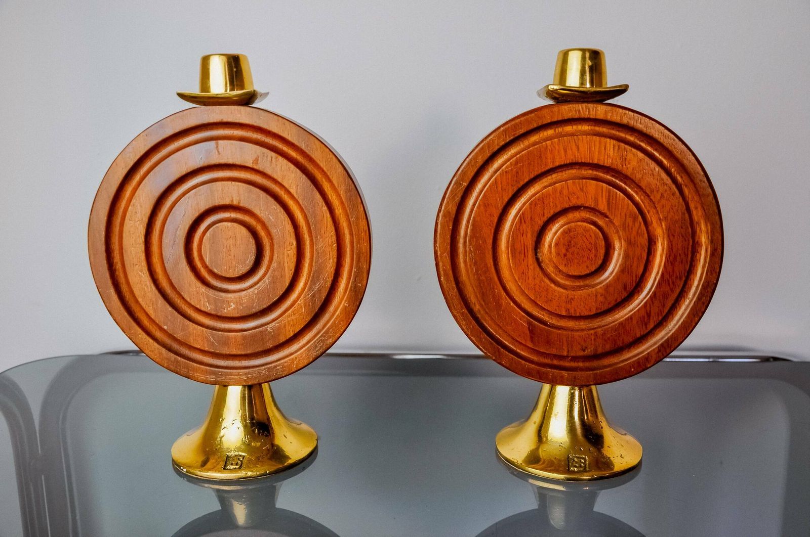 photo for sale Pair Of Brutalist Candlesticks By Ardisur, Bronze And Wood, Spain, 1970
