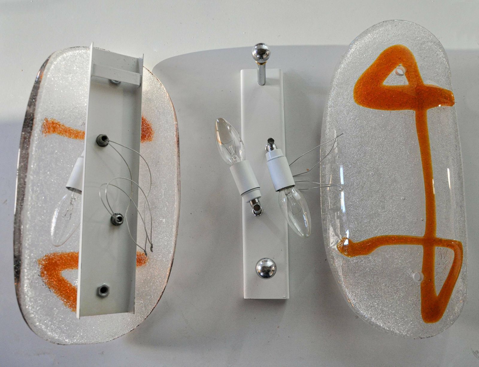 Pair Of Xl Wall Lights By Murano Mazzega In Orange Frosted Glass Italy 1970 photo buy