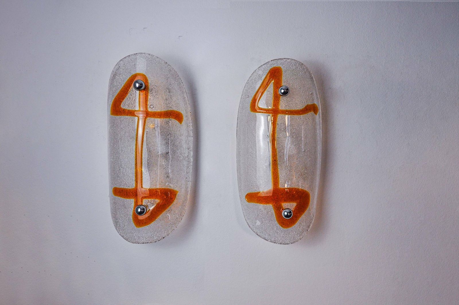 Pair Of Xl Wall Lights By Murano Mazzega In Orange Frosted Glass Italy 1970 photo vintage