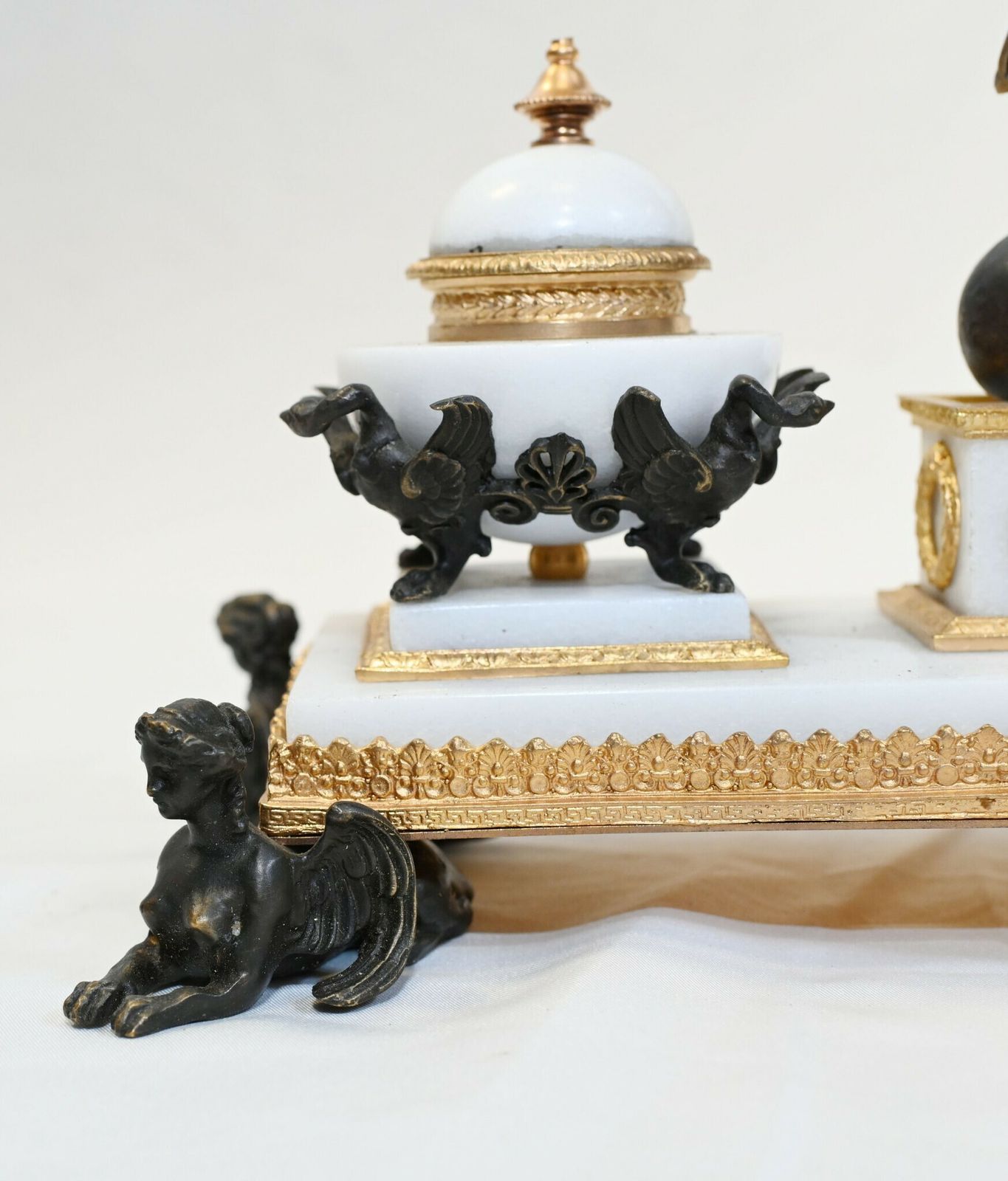 French Empire Marble Inkwell Bronze Sphinx Table photo buy