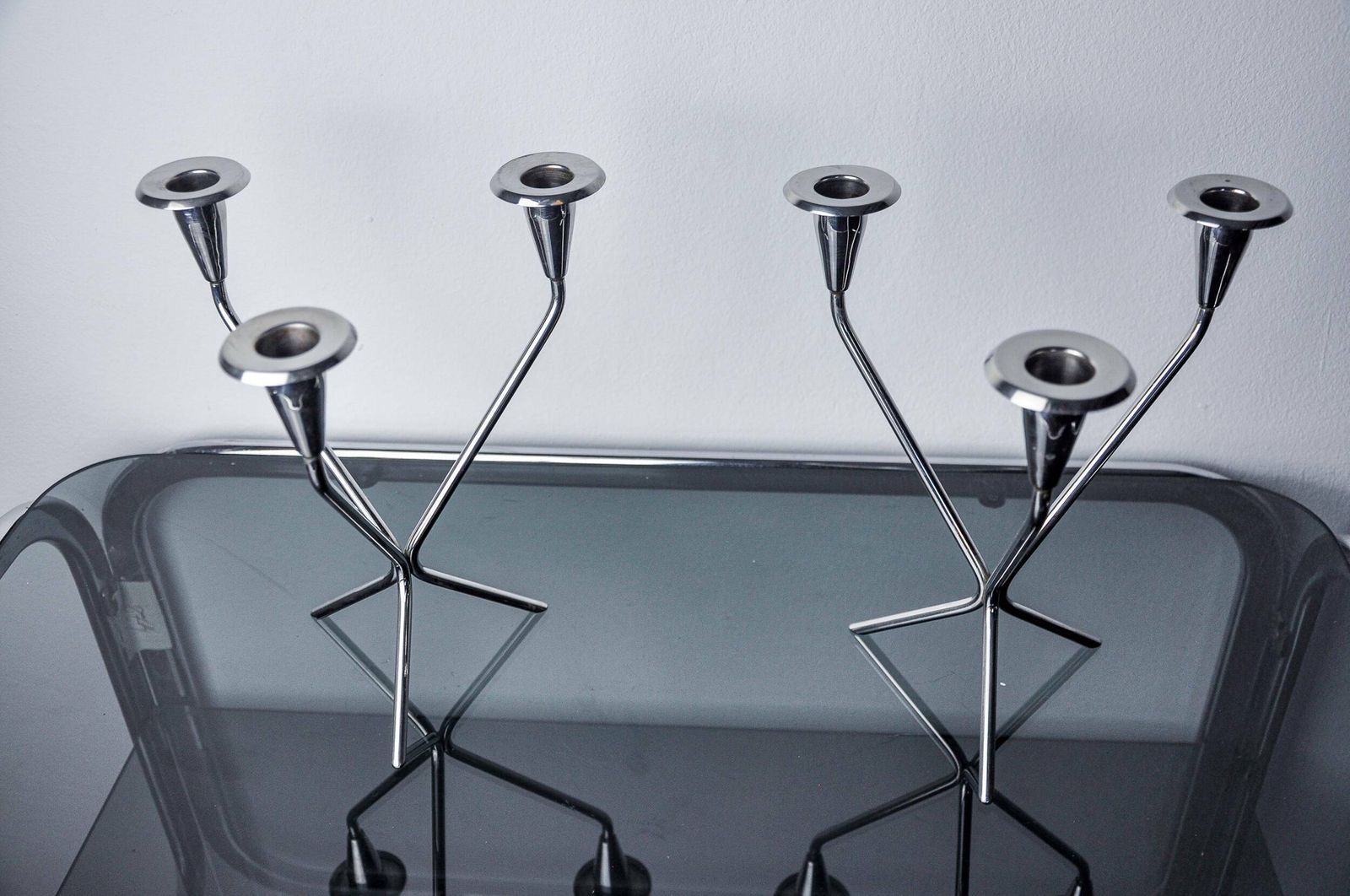 Pair Of Art Deco Stainless Steel 3 Flame Candlesticks, Spain, 1970 photo for sale