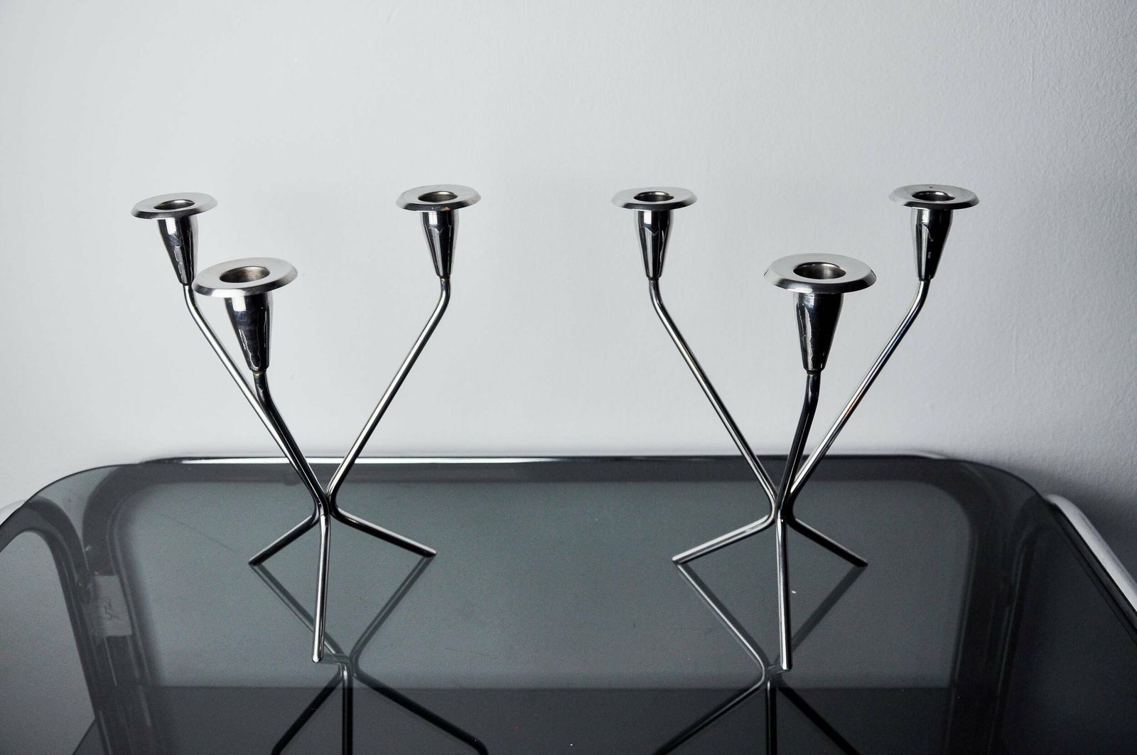 Pair Of Art Deco Stainless Steel 3 Flame Candlesticks, Spain, 1970 photo vintage