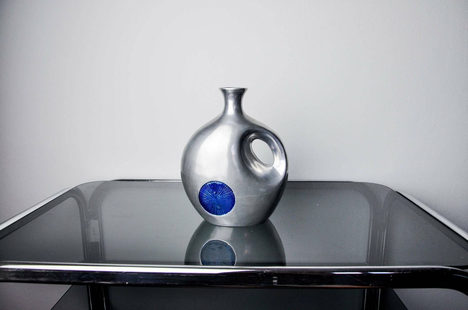 Biomorphic Vase By Art3, Aluminum And Blue Glazed Ceramic, Spain, 1980 photo Home Decor