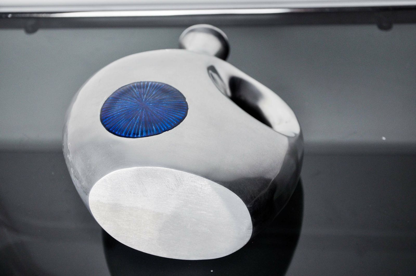 Biomorphic Vase By Art3, Aluminum And Blue Glazed Ceramic, Spain, 1980 photo vintage