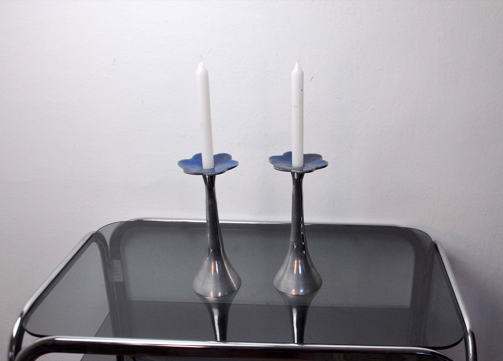 Pair Of Floral Candlesticks By Art3, Aluminum And Blue Enameled Ceramic, Spain, 1980 photo Home Decor