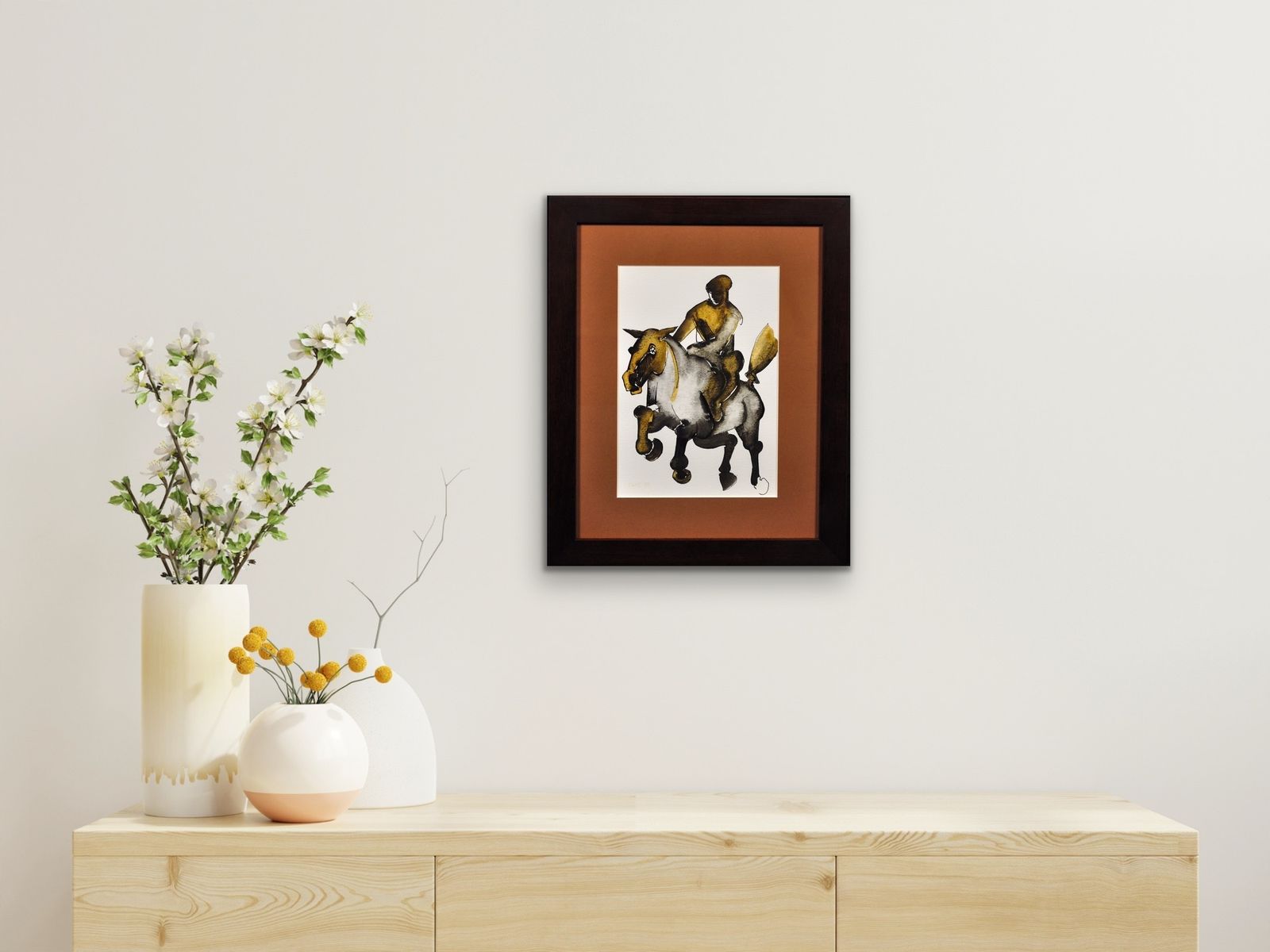 photo furniture Geoffrey Key B.1941. English. Horse And Rider, 1988. Framed Watercolour And Ink On Paper. Modern British. Northern Art. Manchester. Salford.