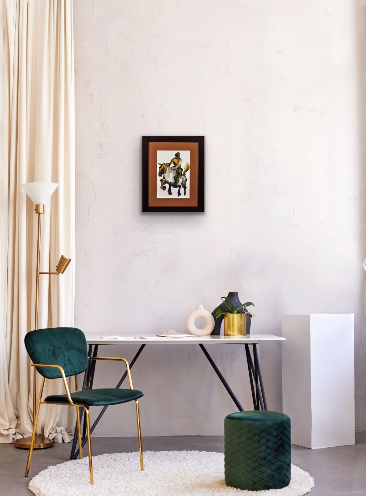 photo for sale Geoffrey Key B.1941. English. Horse And Rider, 1988. Framed Watercolour And Ink On Paper. Modern British. Northern Art. Manchester. Salford.