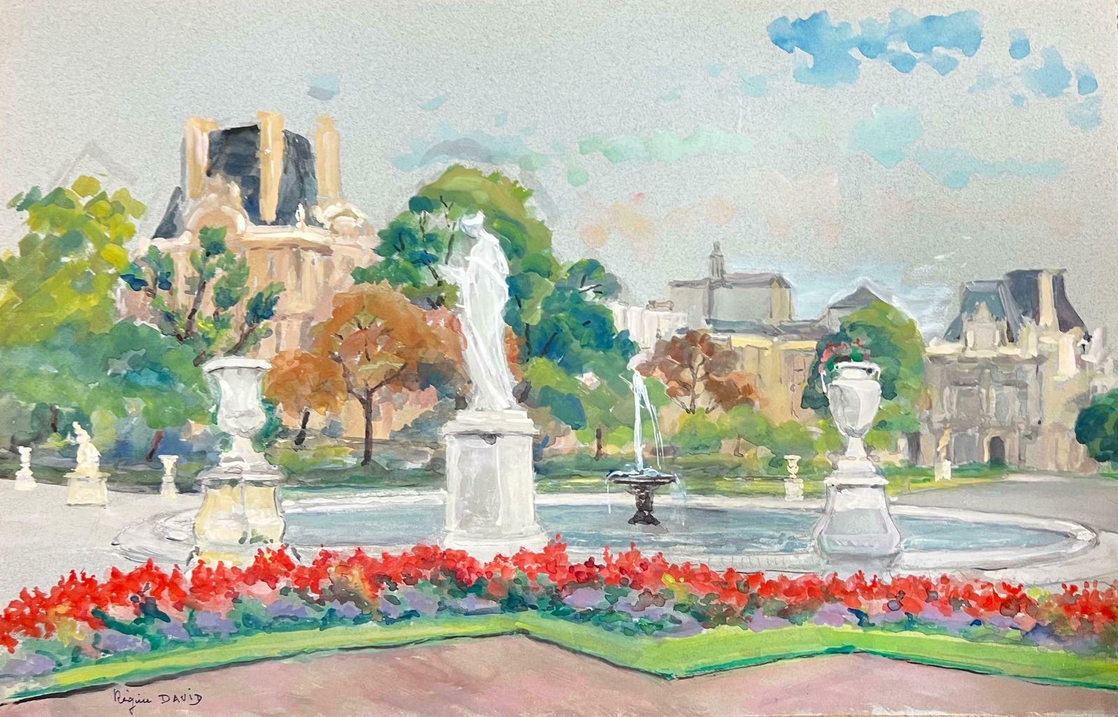 Regine Davidjardins Du Tuilieries Paris Park Scene Flowers & The Louvre 1950's French Oil1950's