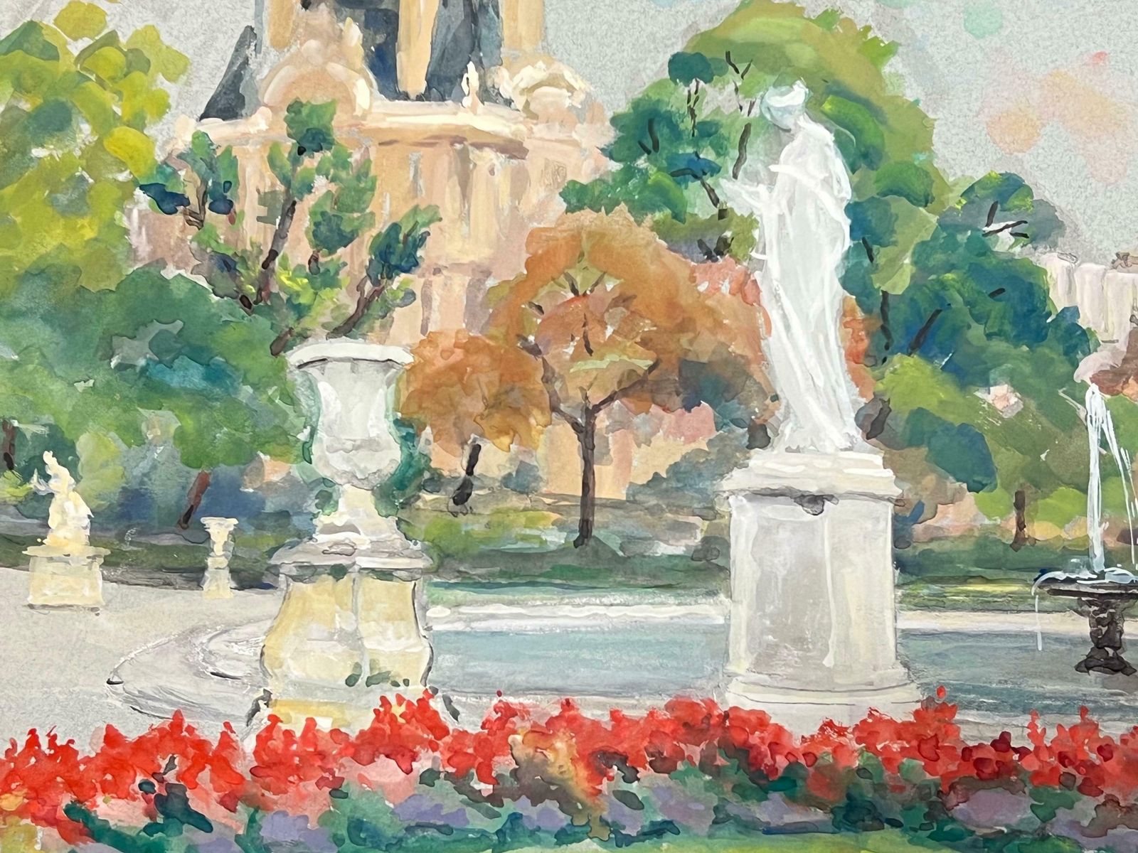 Regine Davidjardins Du Tuilieries Paris Park Scene Flowers & The Louvre 1950's French Oil1950's photo Art