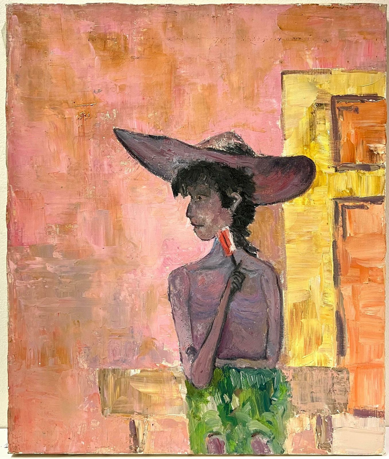 French School20th Century French Modernist Portrait Of A Woman In Wide Brimmed Hat photo furniture