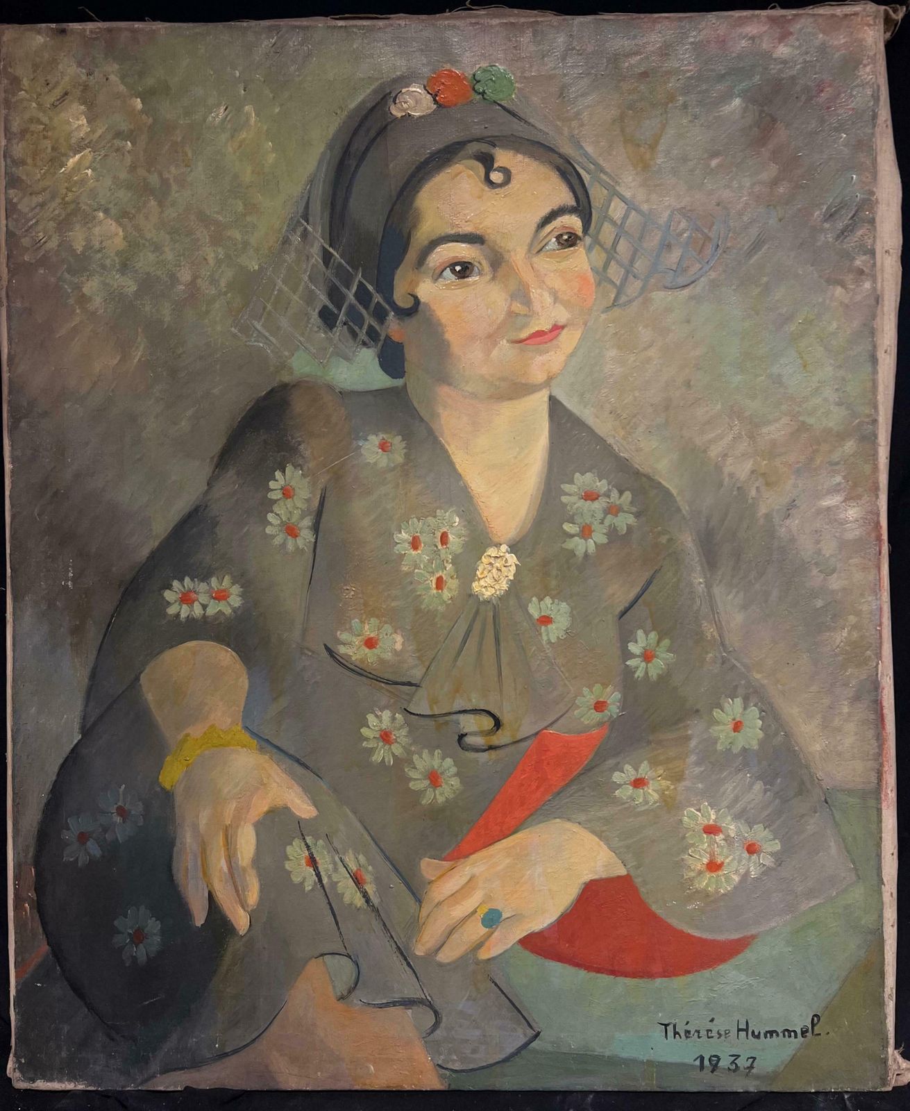 Therese Hummel1930's French Post Impressionist Oil Elegant Portrait Of Woman In Floral Attire1937 photo furniture