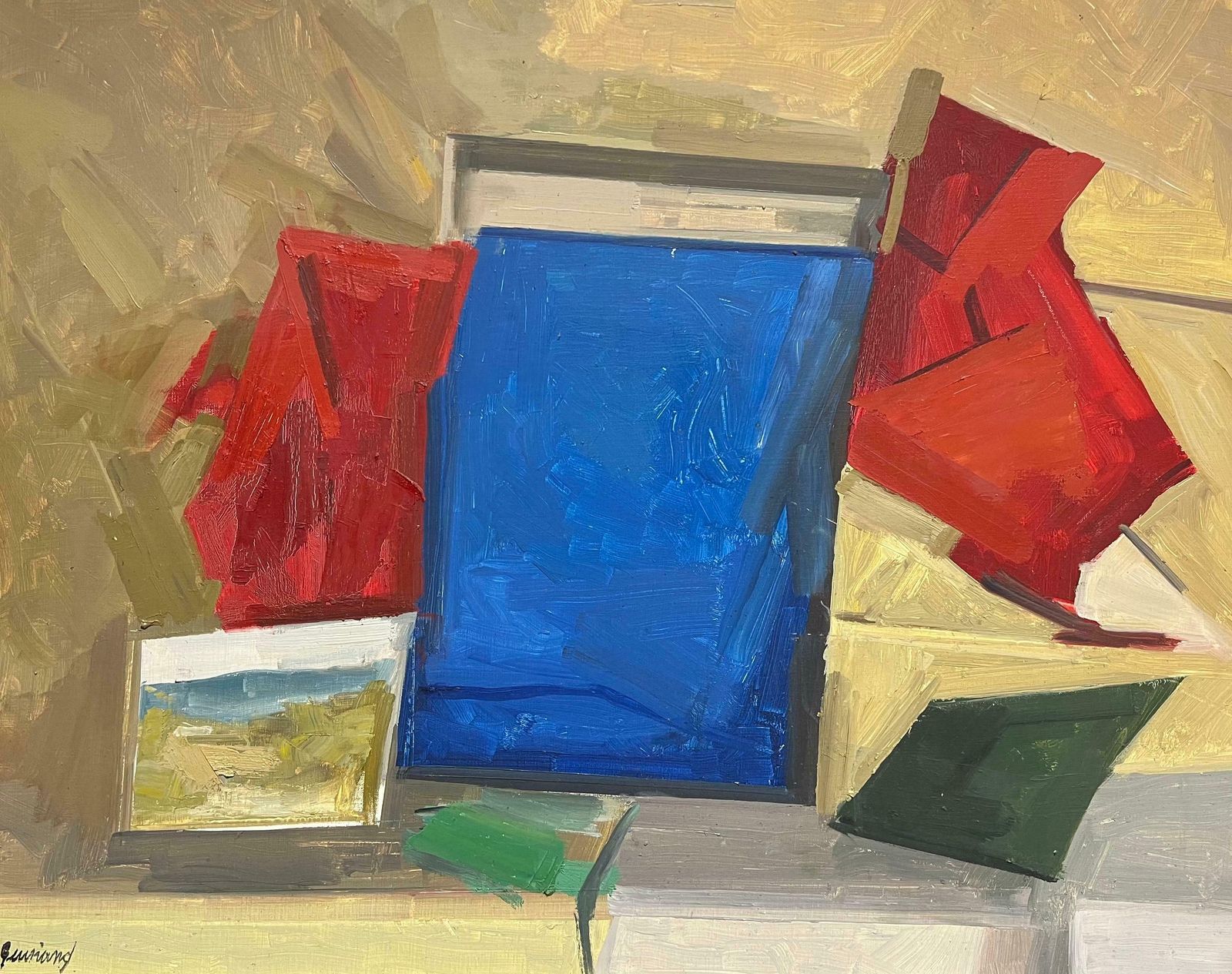 René Guinand (1892 1983)vibrant Mid Century Abstract Geometric Composition Bold Color Oil Painting 1970's