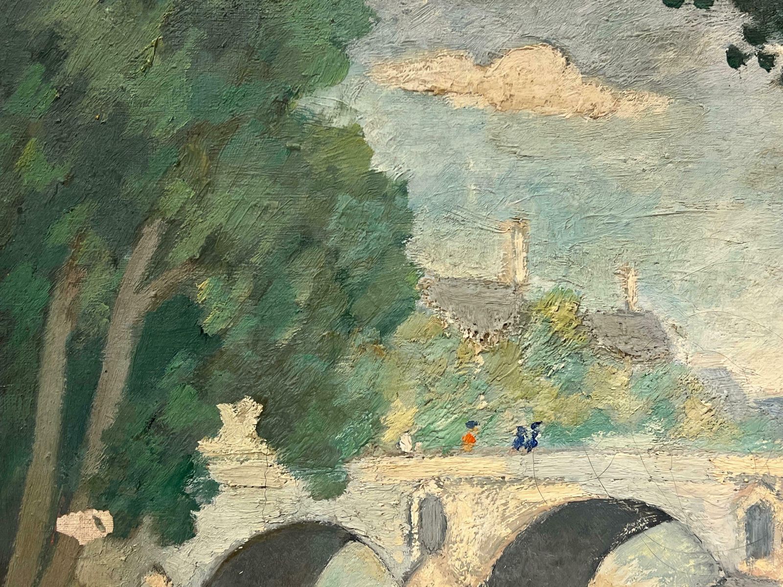 Therese Hummelmid 20th Century French Oil Riverside Scene With Figures Rowing And Stone Bridge1942 photo Art