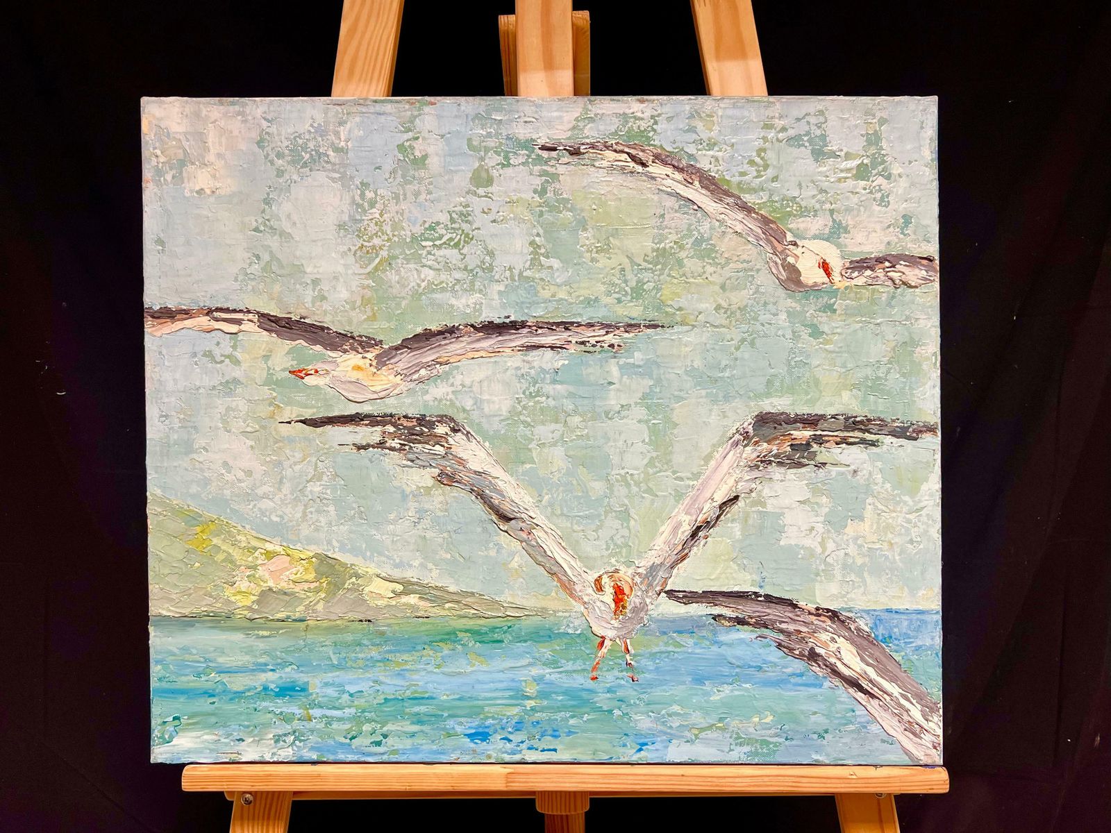 French Schoollarge 1970's French Post Impressionist Oil Painting Seagulls Flying In Air 1970's photo furniture