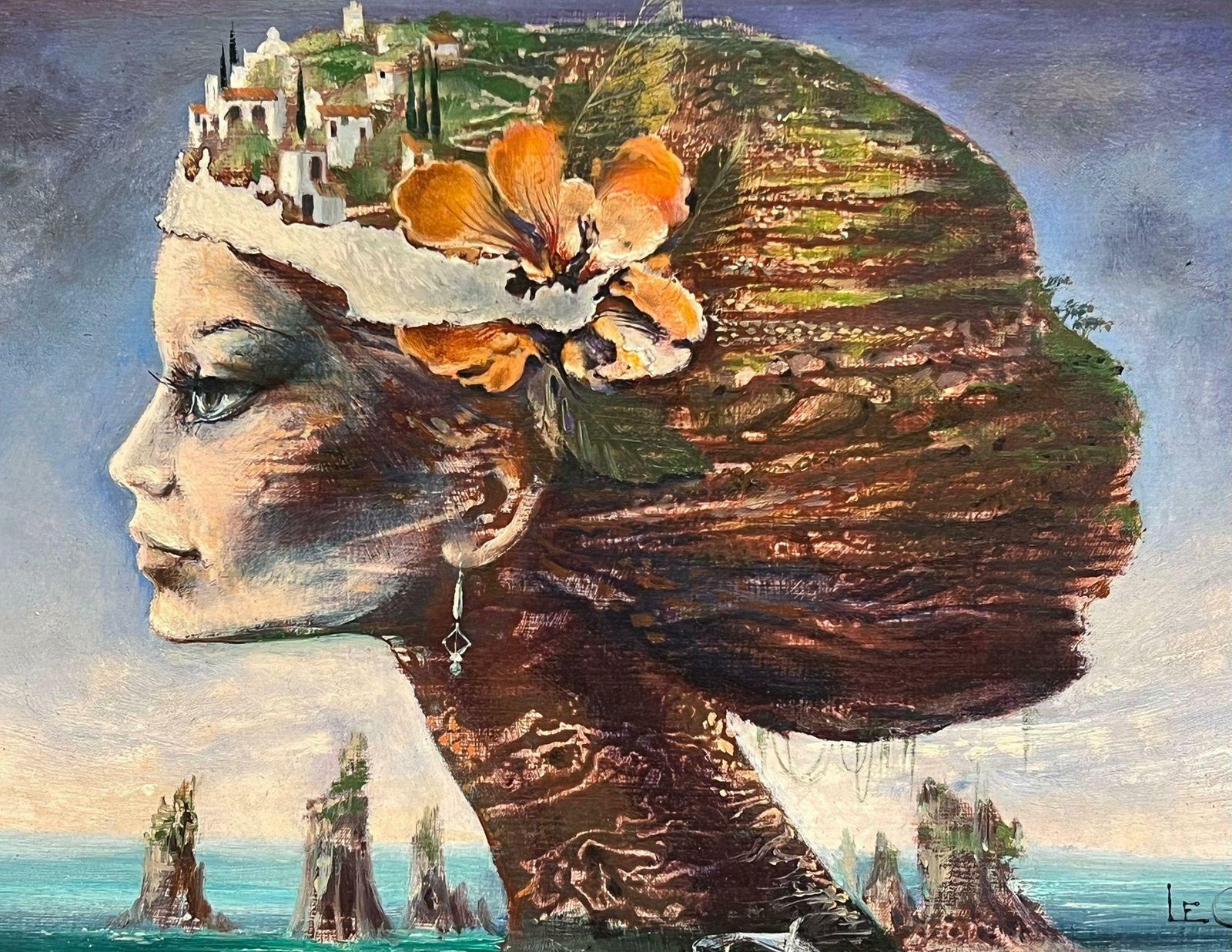 French Surrealist20th Century French Surrealist Portrait Of Woman With Landscape Hair Signed Oil20th Century