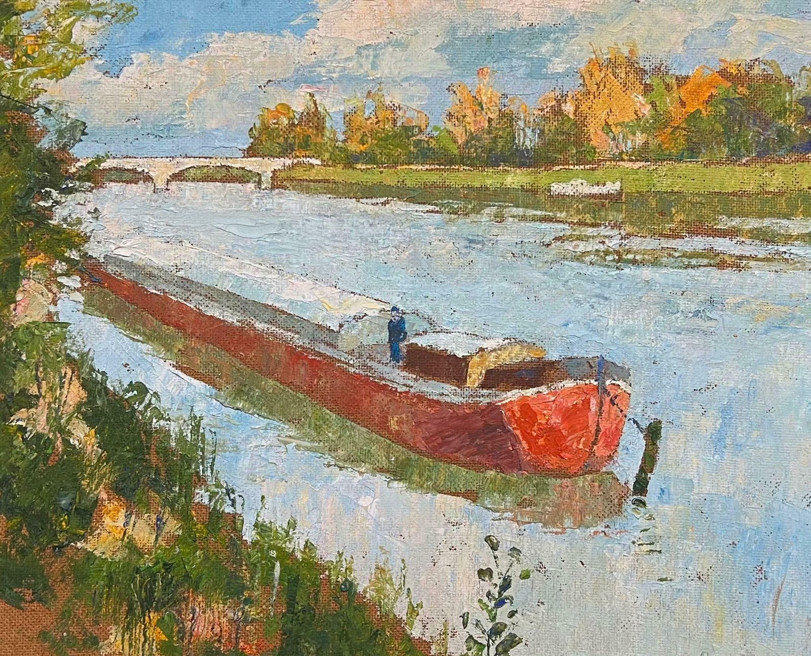 French Schoolmid 20th Century French Modernist Signed Oil River Scene With Red House Boat photo furniture