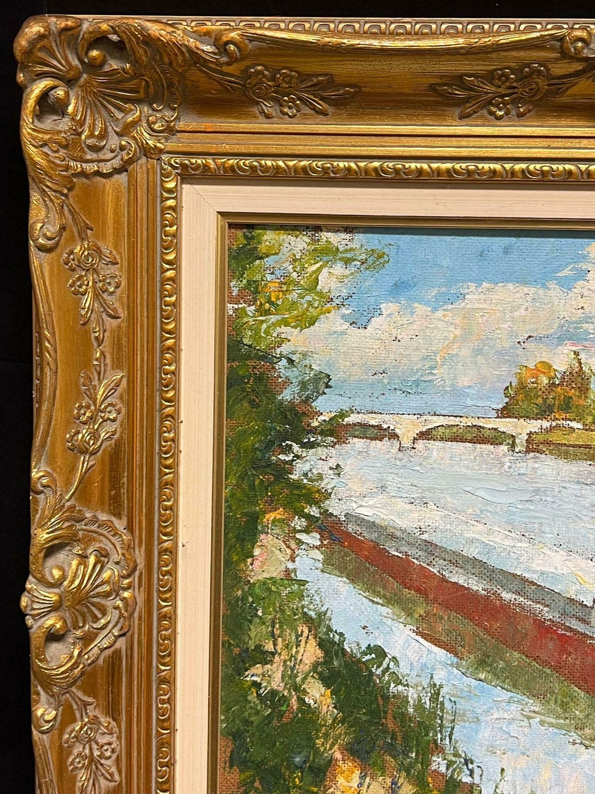French Schoolmid 20th Century French Modernist Signed Oil River Scene With Red House Boat photo buy