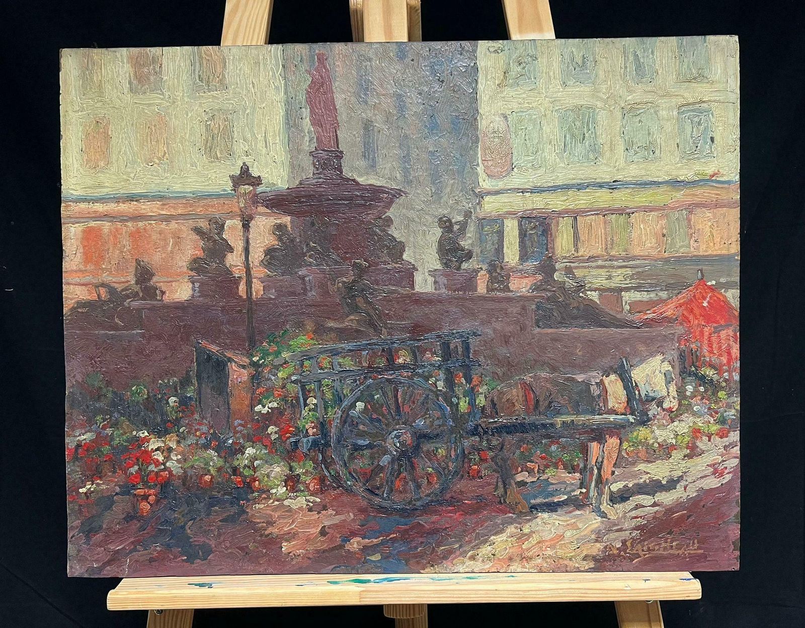 French Schoolantique French Impressionist Oil Street Scene With Flower Seller Cart & Fountainearly 20th Century photo furniture