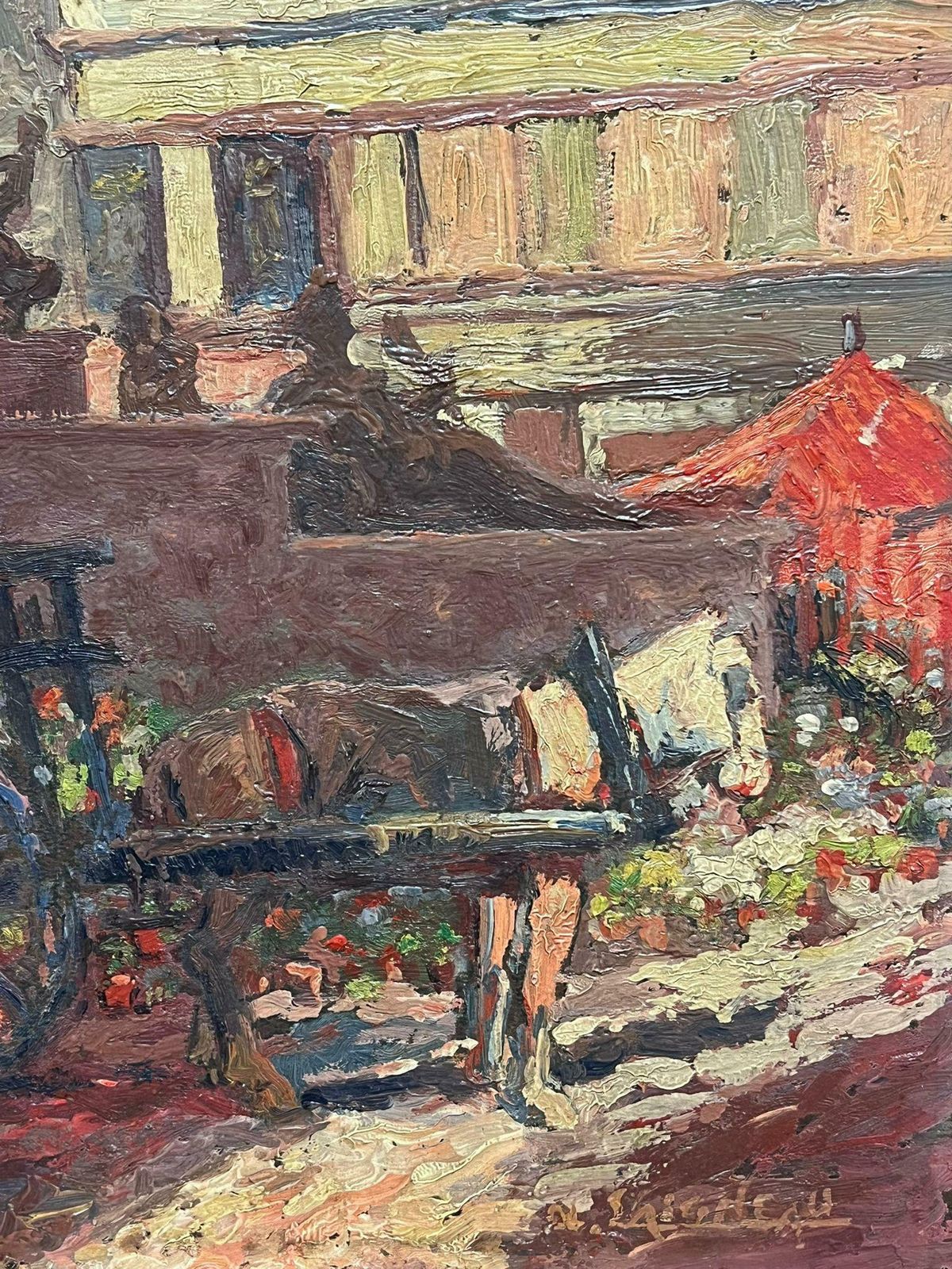 French Schoolantique French Impressionist Oil Street Scene With Flower Seller Cart & Fountainearly 20th Century photo vinterior