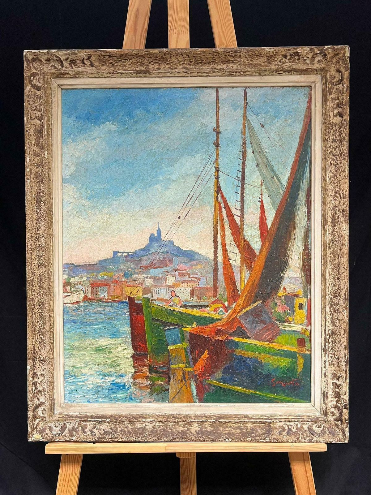 French Schoolmid Century French Oil Painting Marseille Sunny Harbour With Fishing Boats photo for sale