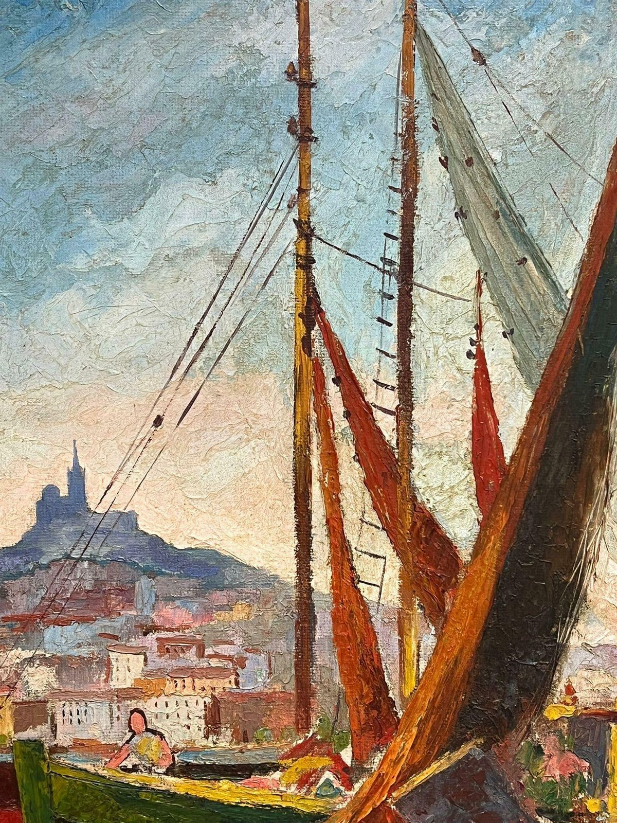 French Schoolmid Century French Oil Painting Marseille Sunny Harbour With Fishing Boats photo vintage