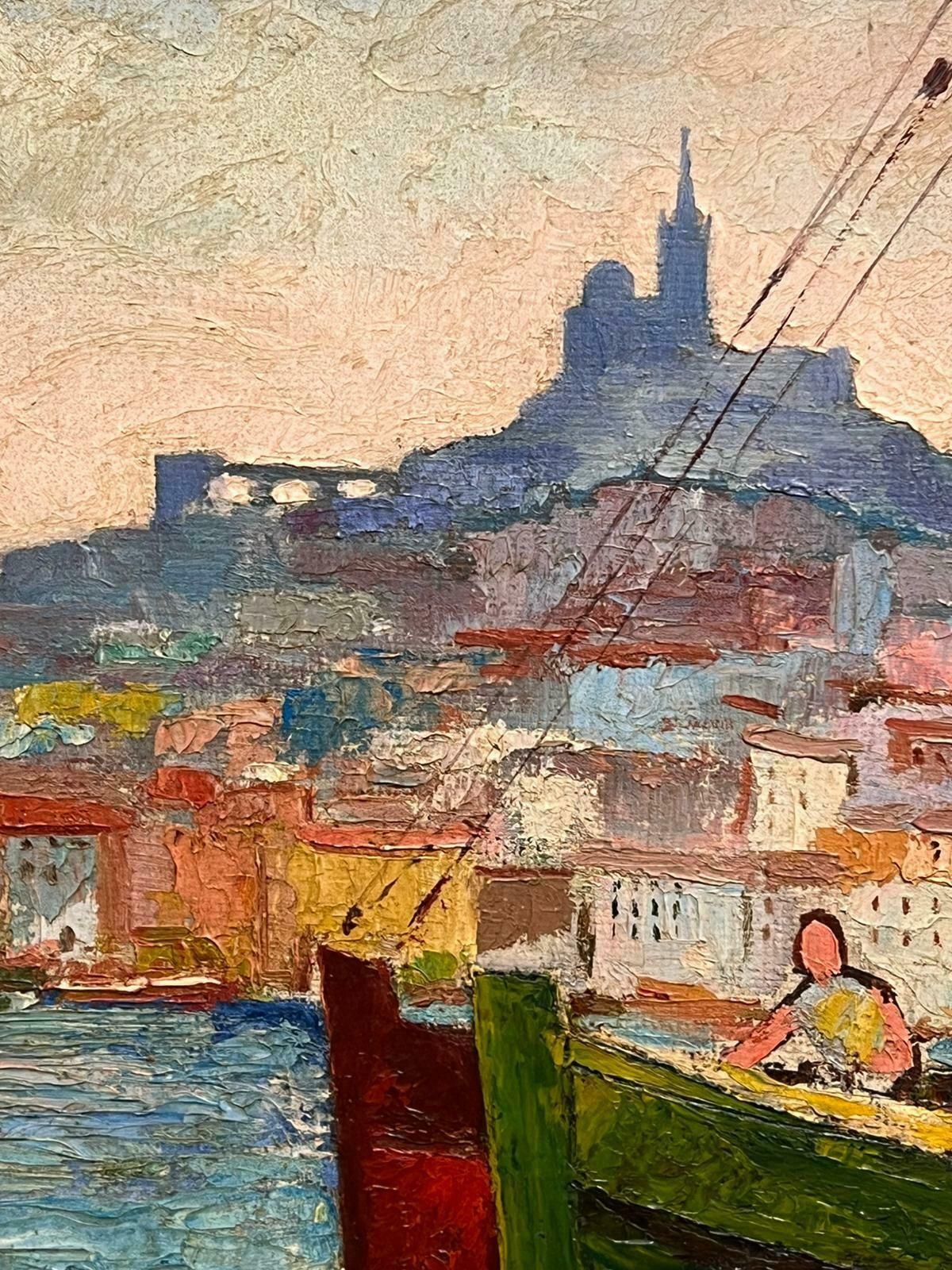 Art French Schoolmid Century French Oil Painting Marseille Sunny Harbour With Fishing Boats photo