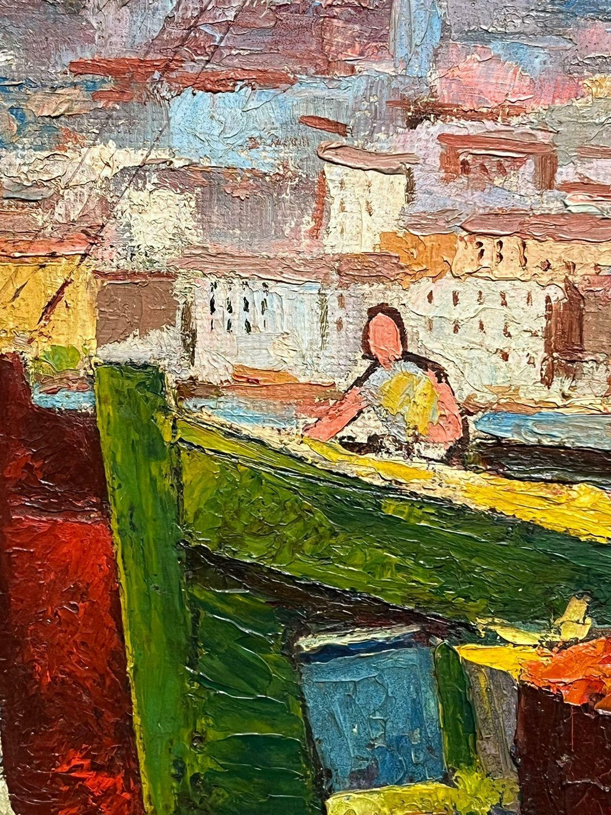 1171.0 French Schoolmid Century French Oil Painting Marseille Sunny Harbour With Fishing Boats photo