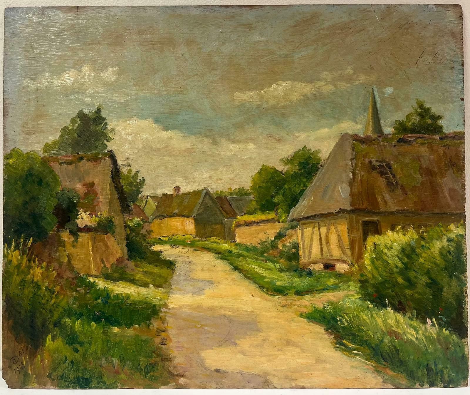Regine David1940's French Impressionist Signed Oil Green Fields Village Lane Old Houses1948 photo furniture