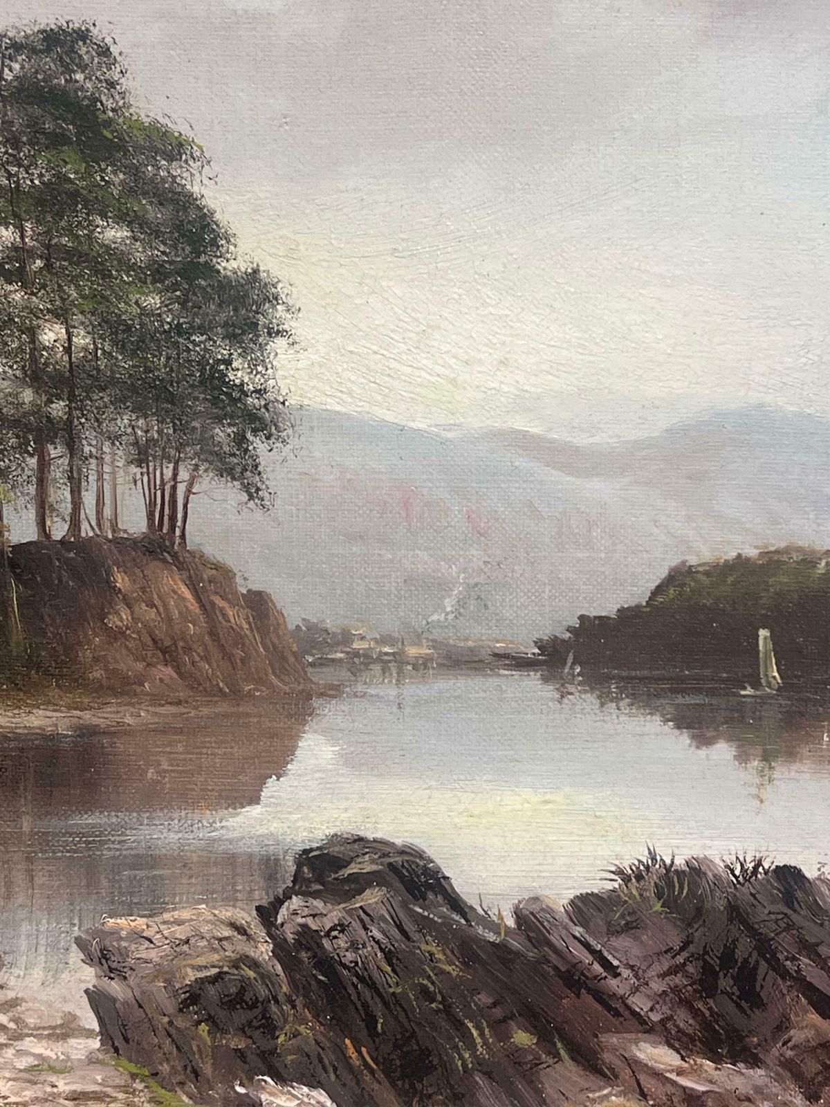 Arthur Grahamantique English Signed Oil Painting 1902 Tranquil Derwentwater Lake District19th Century photo vintage