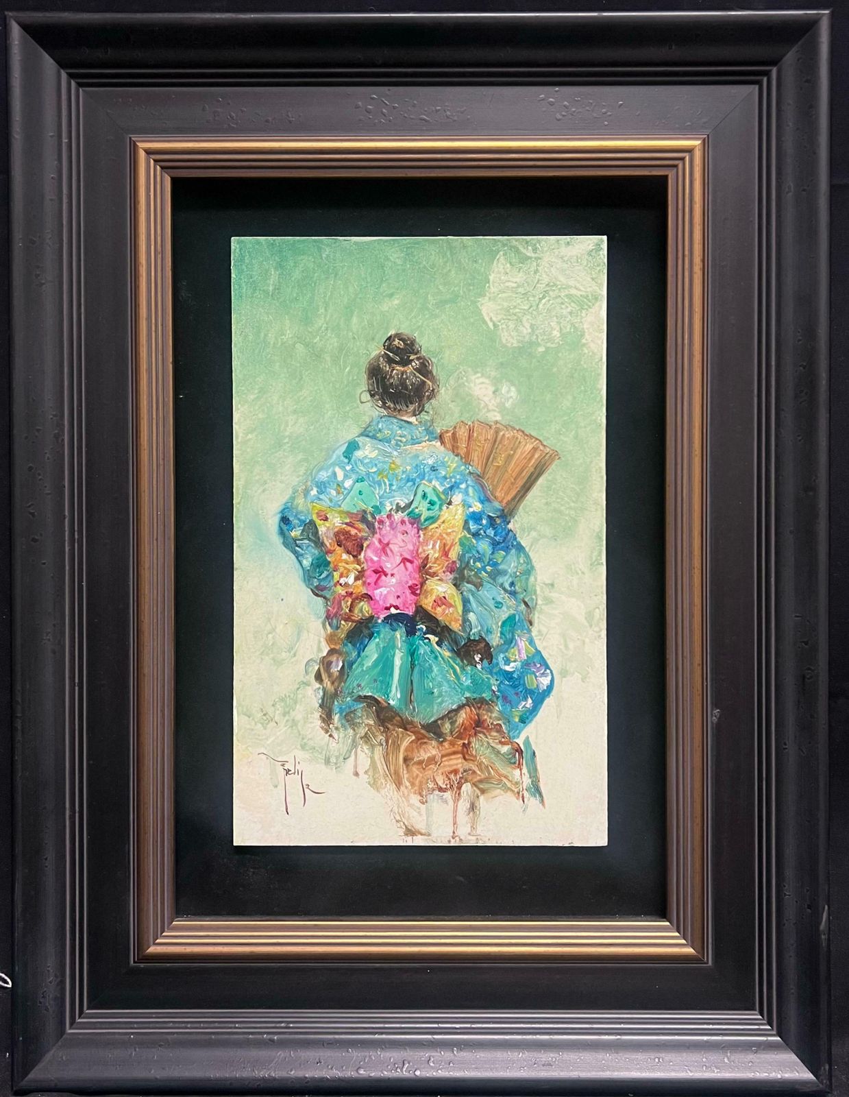 European Schoolgeisha Girl Elegant In Blue Traditional Kimono With Fan Impressionist Portrait20th Century