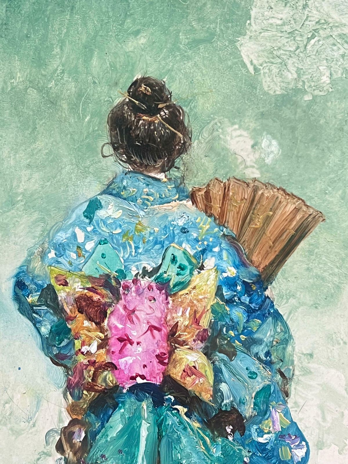 European Schoolgeisha Girl Elegant In Blue Traditional Kimono With Fan Impressionist Portrait20th Century photo for sale