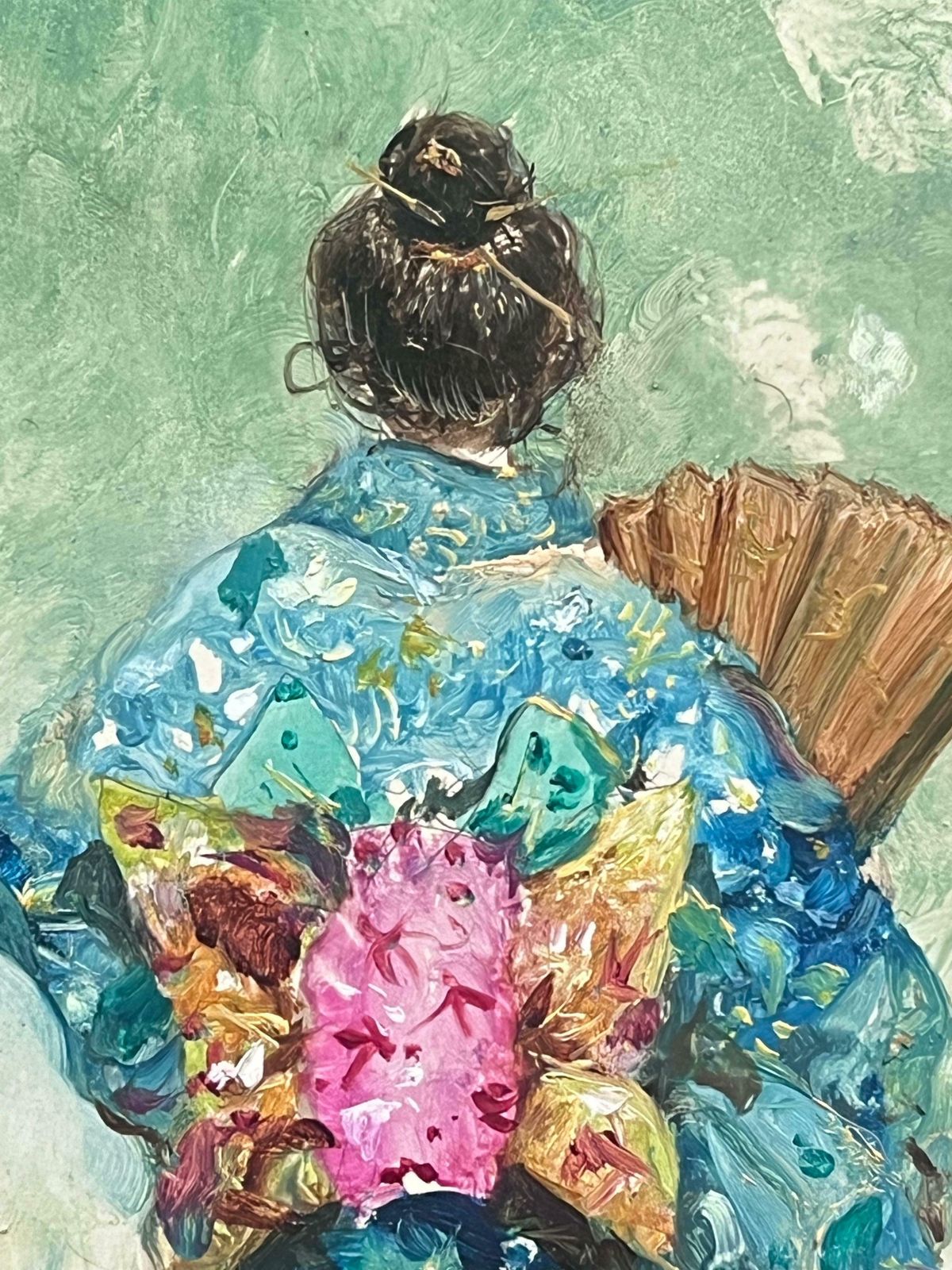European Schoolgeisha Girl Elegant In Blue Traditional Kimono With Fan Impressionist Portrait20th Century photo vinterior