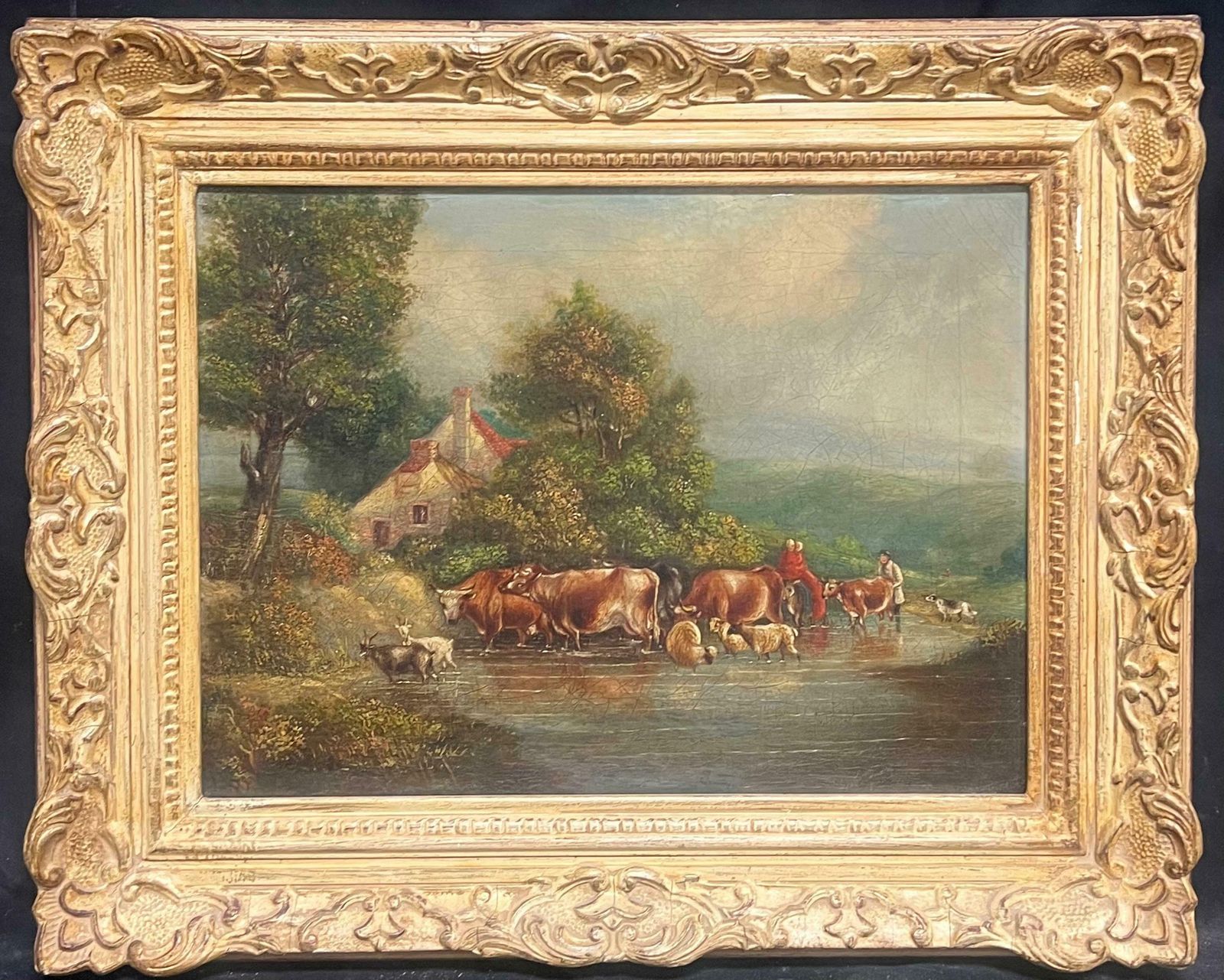 French Schoolcountry Tranquility Cattle And Sheep Crossing A Stream In A Peaceful Landscape19th Century