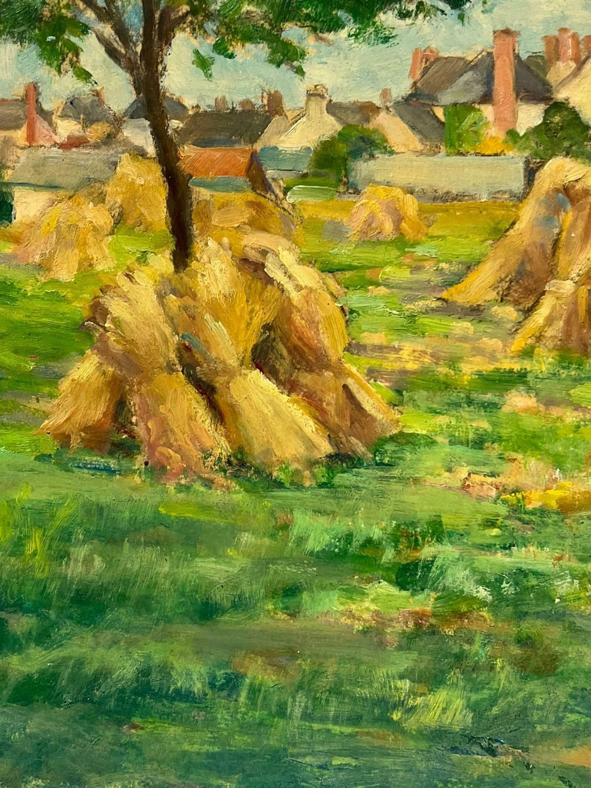 Regine David1940's French Impressionist Signed Oil Wheatsheaves In Village Harvest Field1945 photo for sale