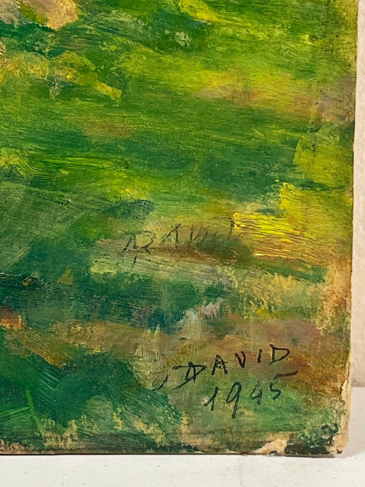 Regine David1940's French Impressionist Signed Oil Wheatsheaves In Village Harvest Field1945 photo 747.0