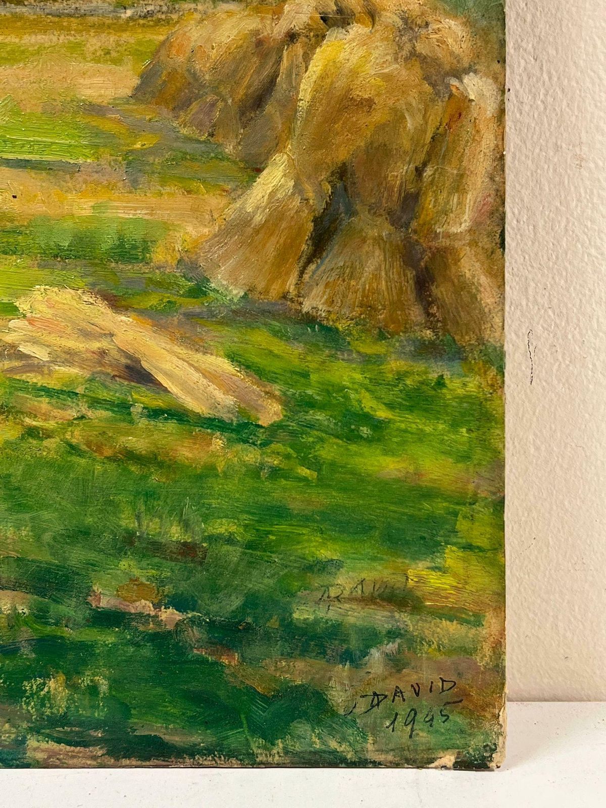Regine David1940's French Impressionist Signed Oil Wheatsheaves In Village Harvest Field1945 photo vinterior