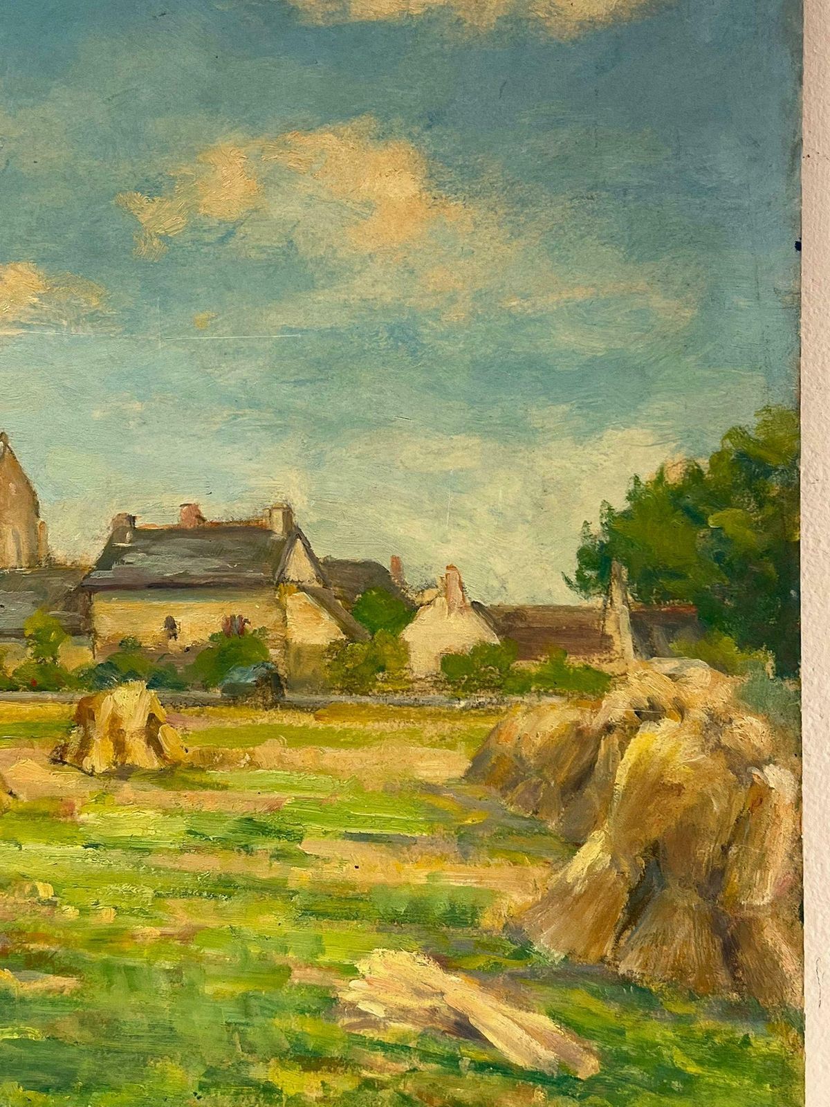 Regine David1940's French Impressionist Signed Oil Wheatsheaves In Village Harvest Field1945 photo buy